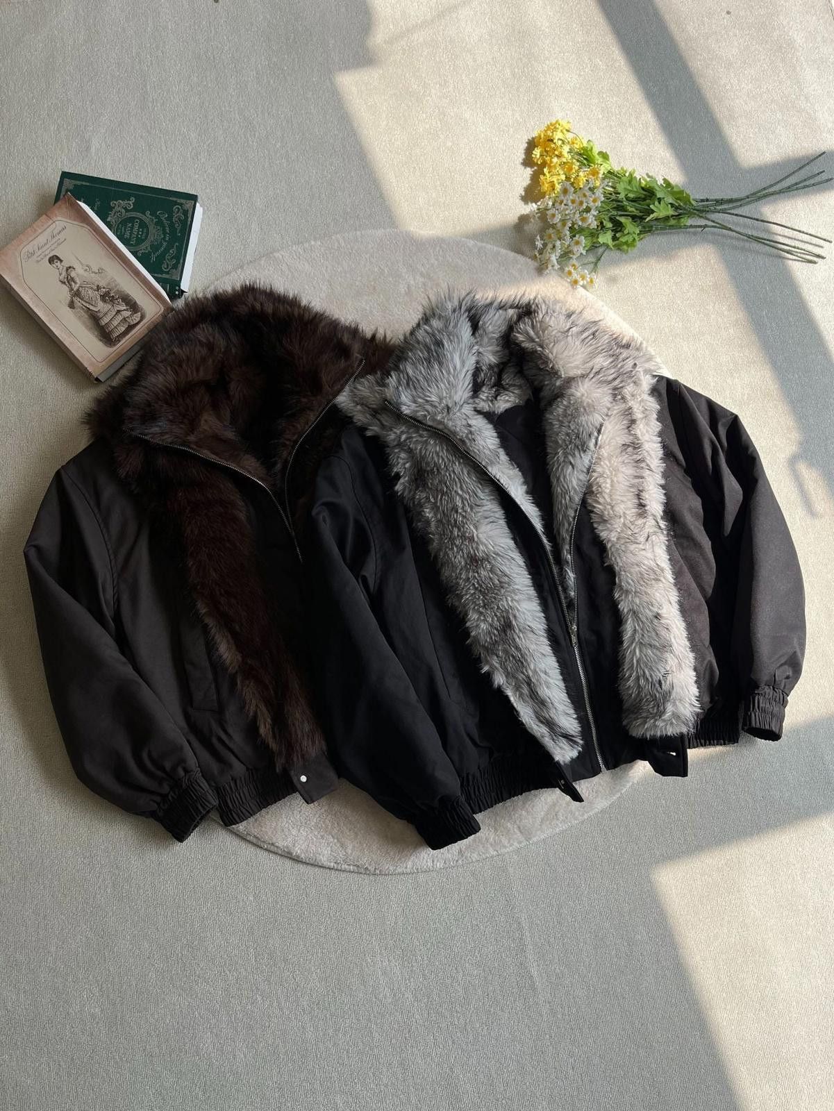 Vintage Black Faux Fur Collar Bomber Jacket, Winter Outerwear Size US M / EU 48-50 / 2 - 7 Thumbnail