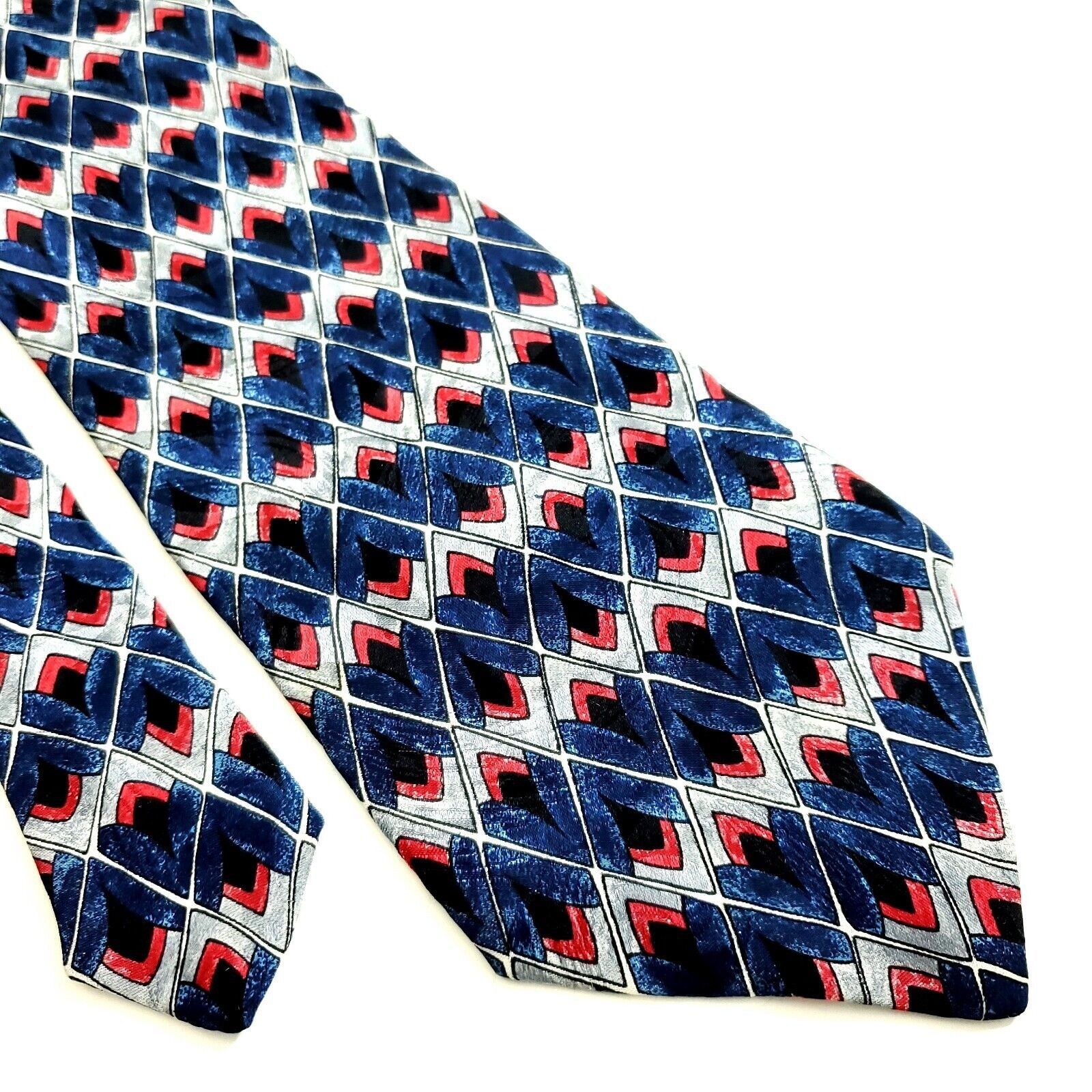Vintage JT Beckett Blue Gray Red Geometric Print Wide Silk Tie Size ONE SIZE - 1 Thumbnail