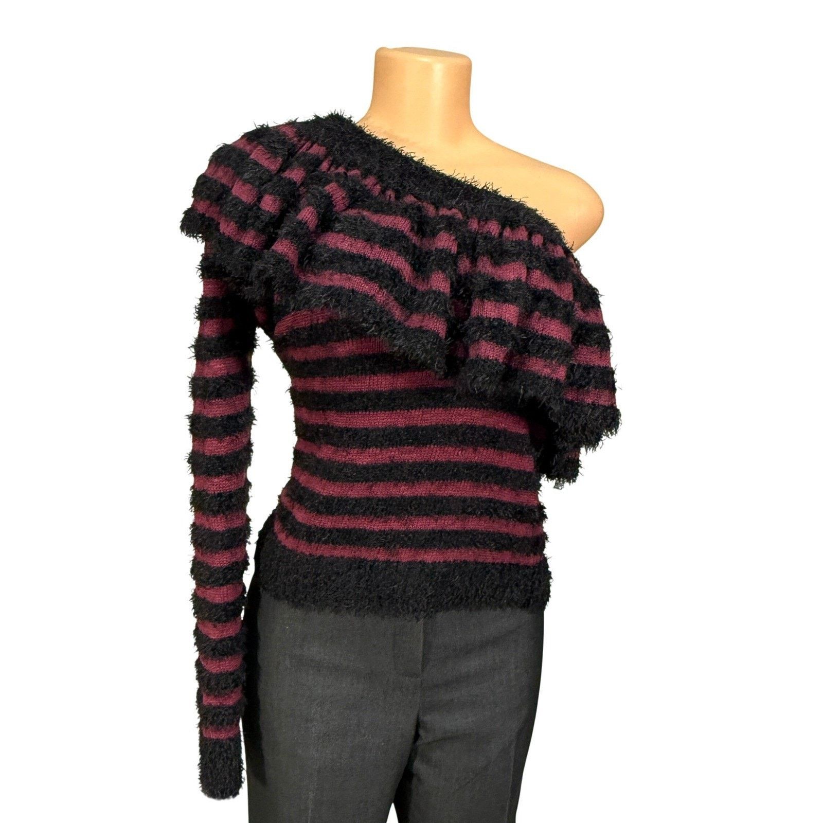 Other WAYF One Shoulder Fuzzy Ruffle Sweater Top Black Burgundy S Size S / US 4 / IT 40 - 1 Thumbnail