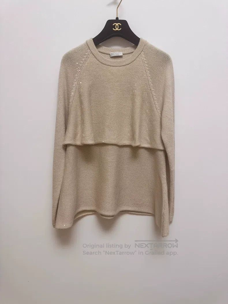 Brunello Cucinelli Beige Cashmere Sequin Knit Top