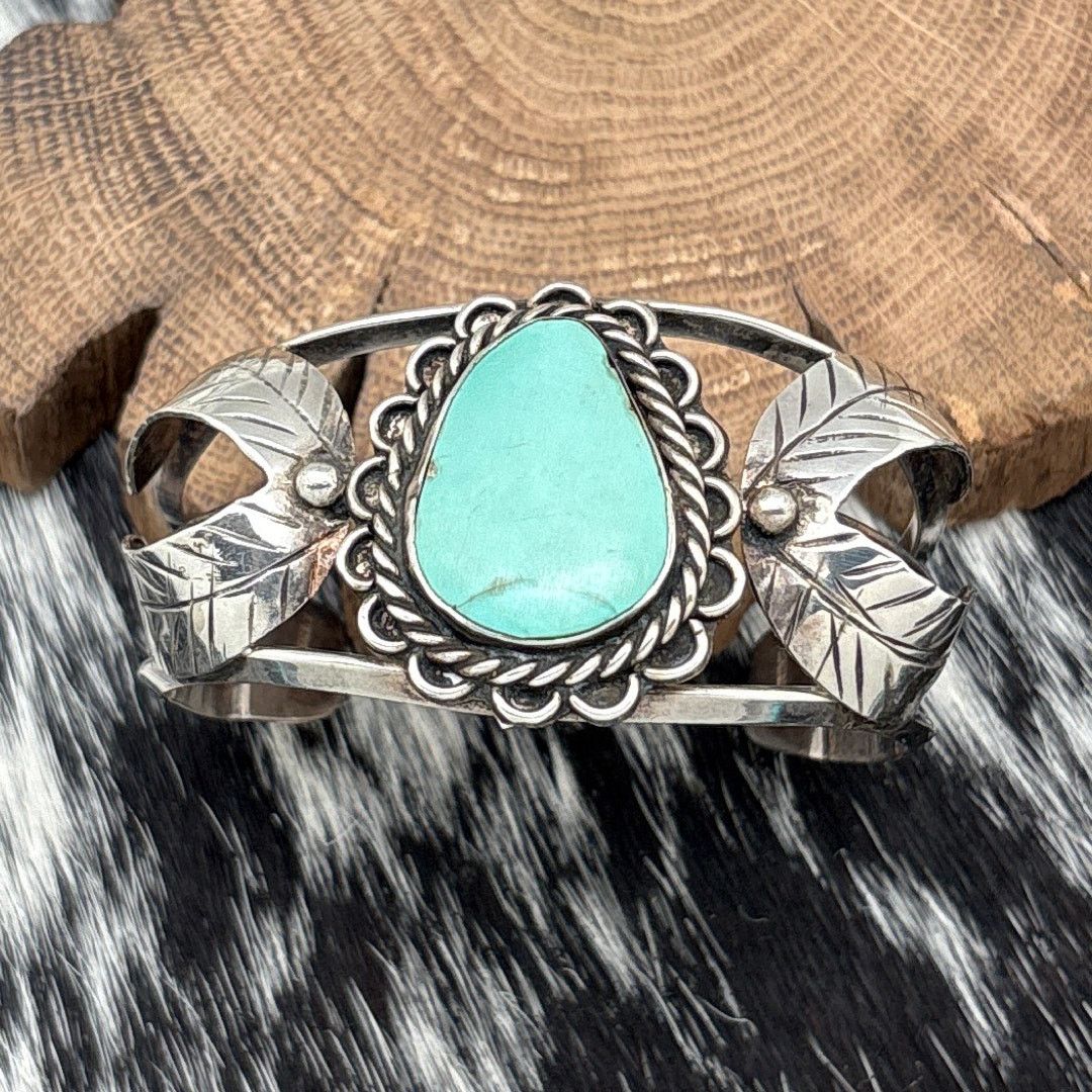 Native 1980s NAVAJO Sterling Turquoise Cuff Bracelet Double Leaves Size ONE SIZE - 2 Thumbnail