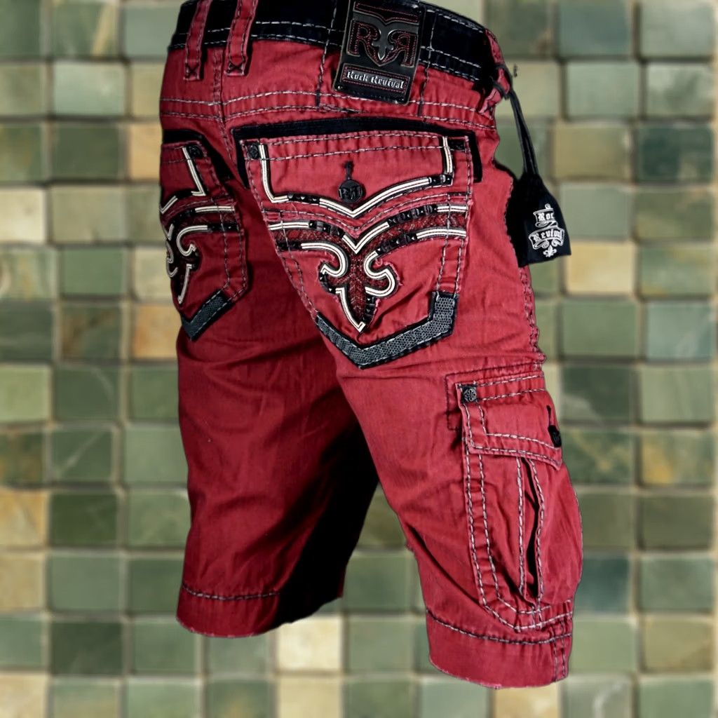 Rock Revival Shorts "Brick Red Twill" Black Metallic Leather Insert 36 Mens in Brown, Men's