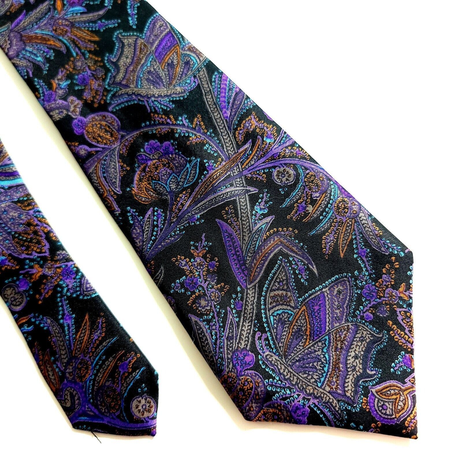 Designer Harve Benard Black Purple Floral Paisley Print Short Silk Ti Size ONE SIZE - 1 Thumbnail