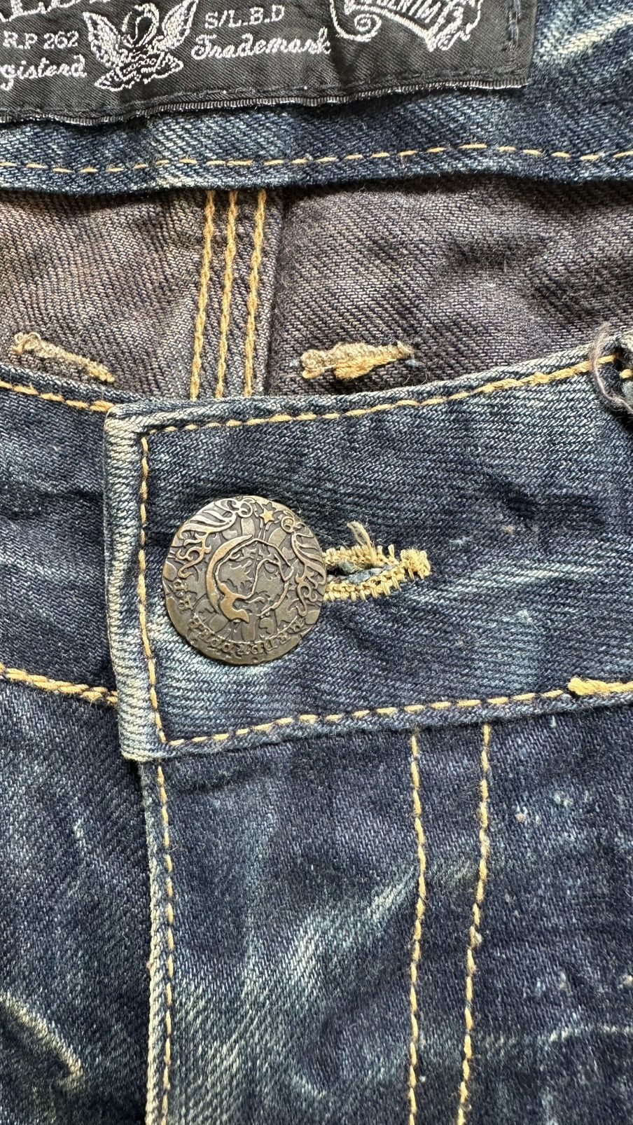 14th Addiction REDPEPPER FADING TATTOO LONG FLARED JEANS Size US 34 / EU 50 - 6 Thumbnail