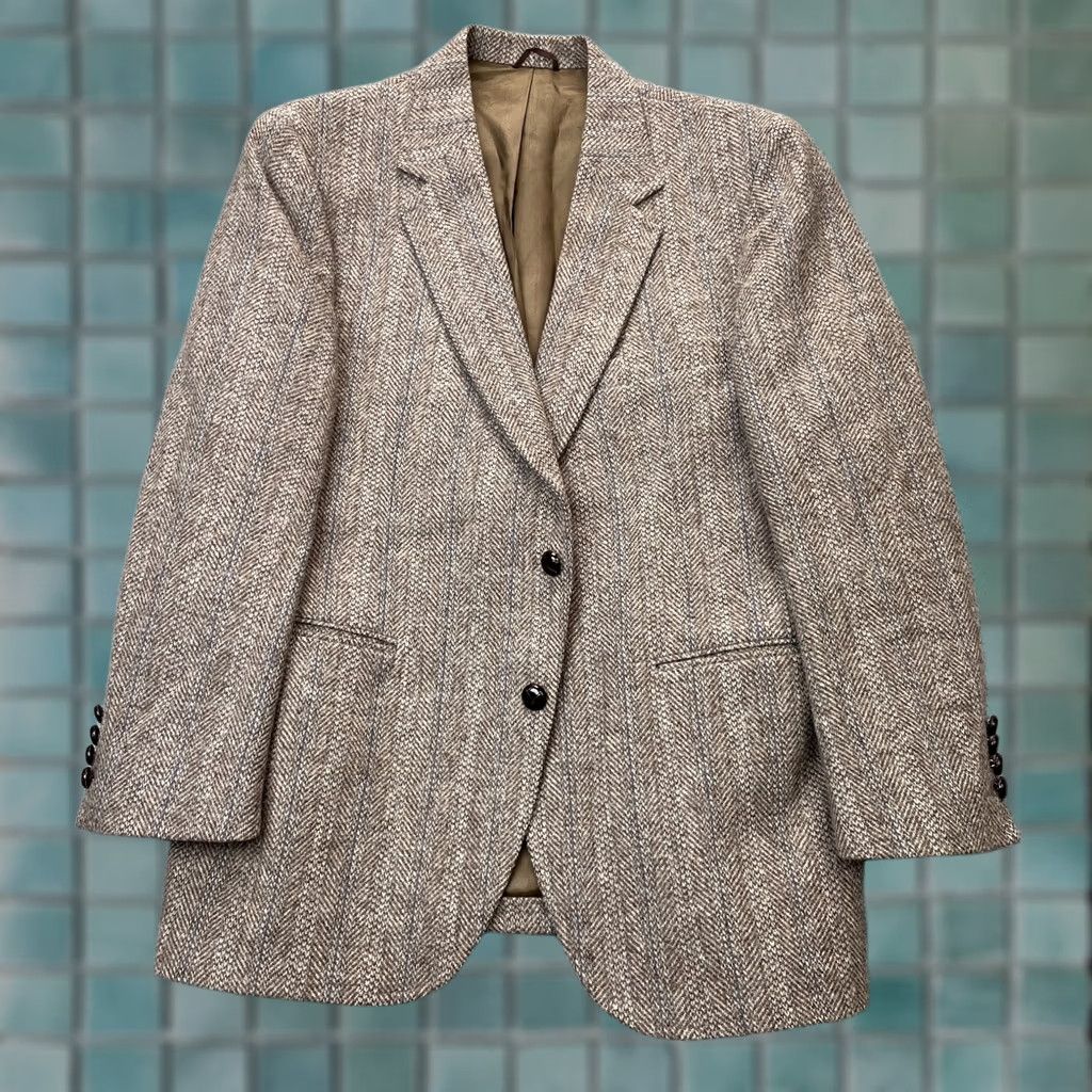 Vintage VTG Tweed Jacket Men L Brown Herringbone Wool Blazer 2 Piece Notch Lapel Single-Breasted 4-Button Size 42R - 1 Thumbnail