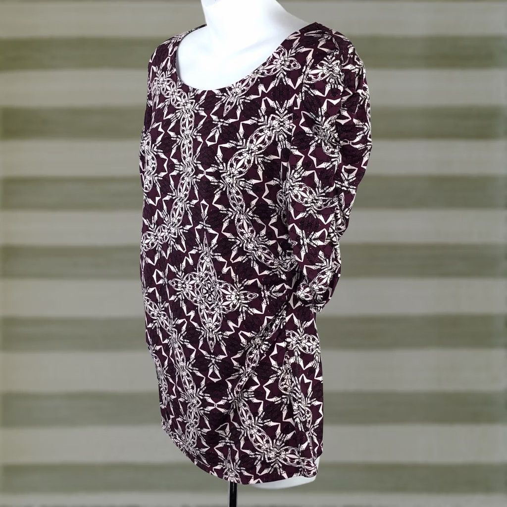 Alfani Alfani Blouse Womens S Purple Top Geometric Abstract Ruched sleeve Tribal Boho Size S / US 4 / IT 40 - 1 Thumbnail