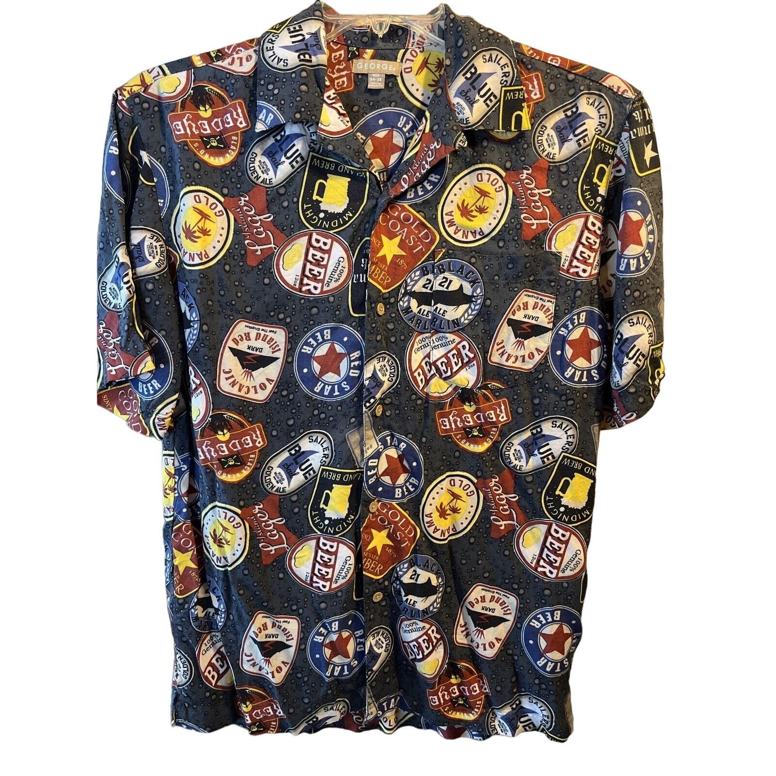 George George Men's Small 34-36 Gray Beer Print SS Rayon Shirt Size US S / EU 44-46 / 1 - 1 Thumbnail