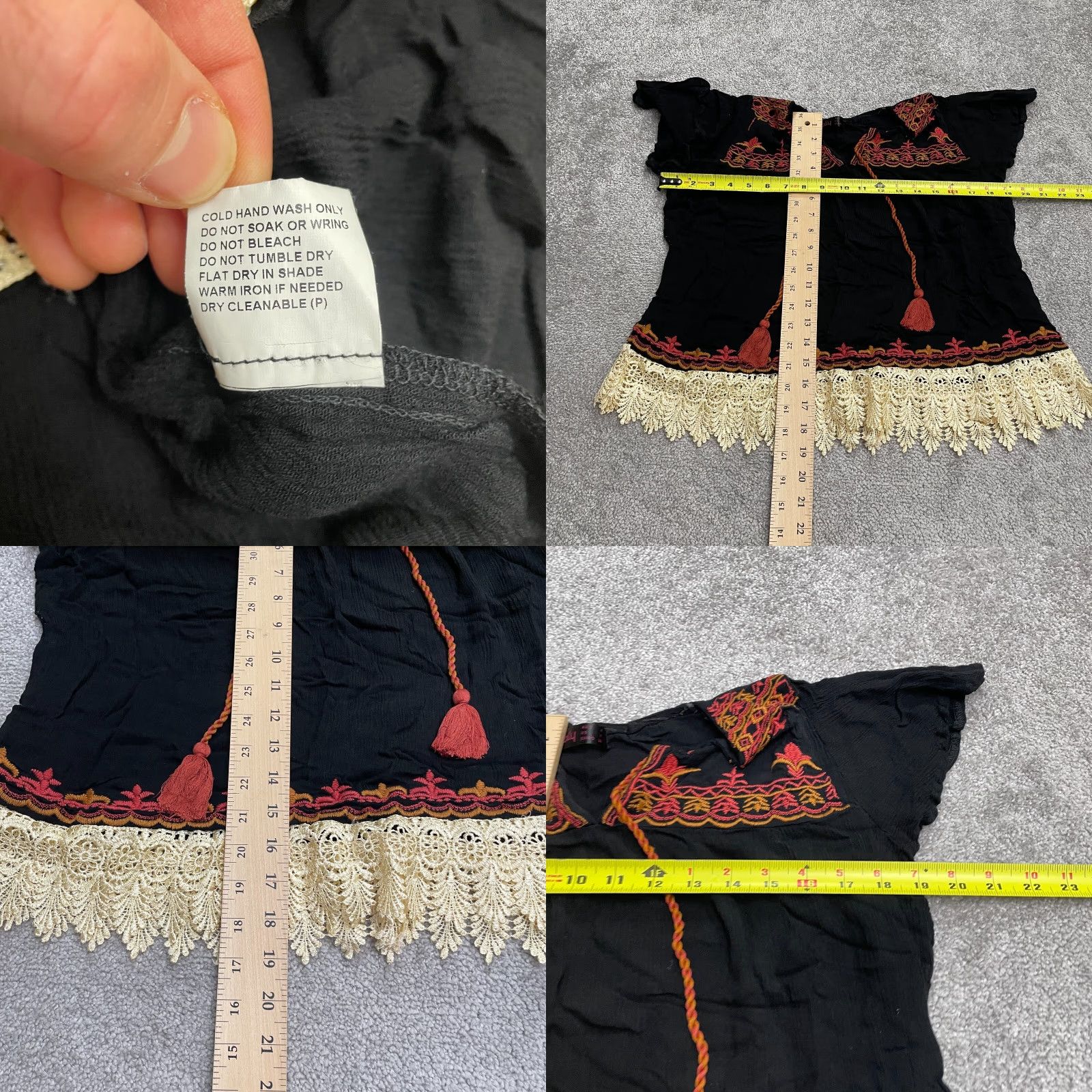 Bally Ally Blouse Top Womens Short Sleeve Black Embroidered Tasseled Bohemian Knit Rayon V-Neck Casual Shirt 4 Size S / US 4 / IT 40 - 8 Thumbnail