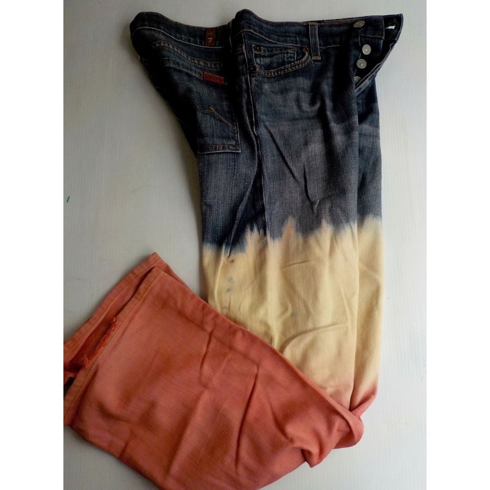 7 For All Mankind 7 FOR ALL MANKIND "boycut" Button Fly Tie Dye Jeans Blue/Ivory/Pink SZ 28X29 Womens Denim Cotton/Elastane Bootcut 98% Cotton 2% Elastane Jeans Size 28" / US 6 / IT 42 - 2 Thumbnail