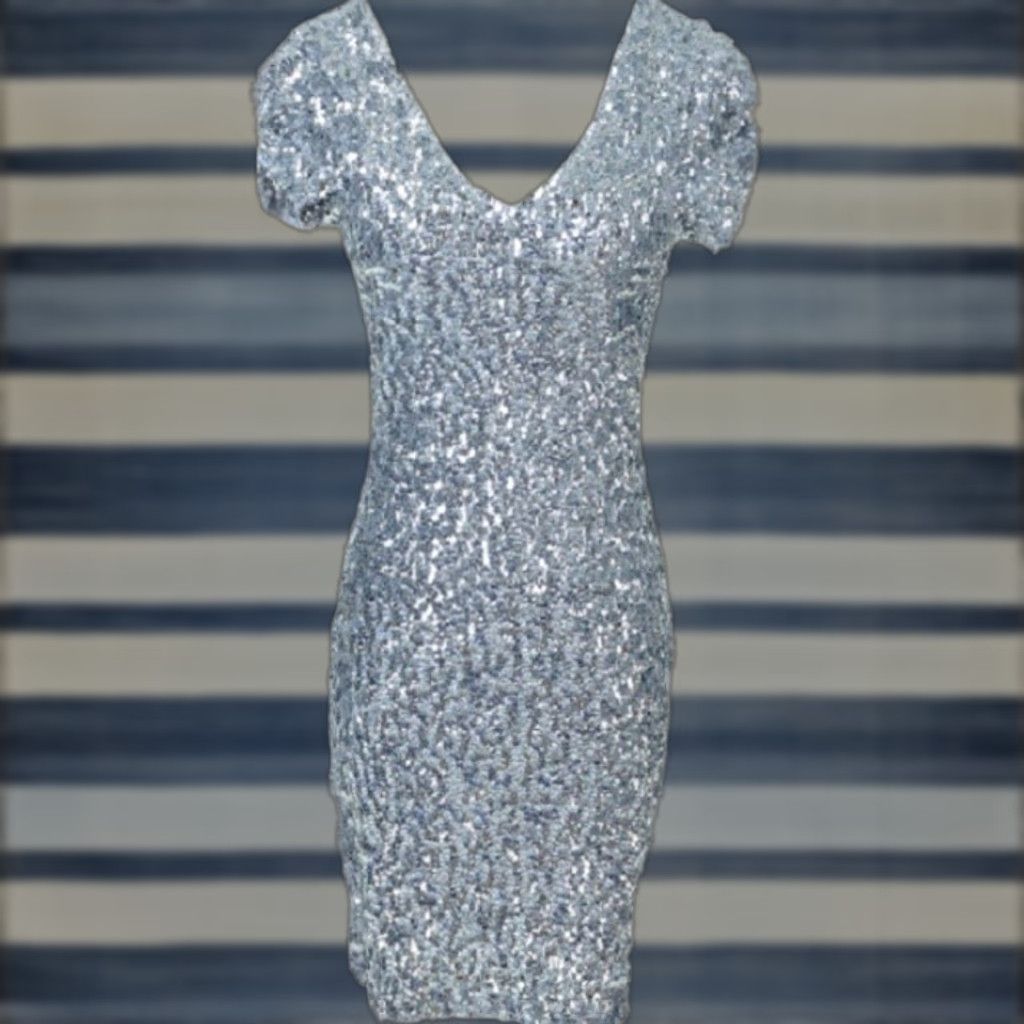 Vintage ANNA VINTAGE Sexy Short Sleeve Sequin Bodycon Mini Cocktail Party Dress 2XL Silver Womens Size 40" / US 18 - 1 Thumbnail