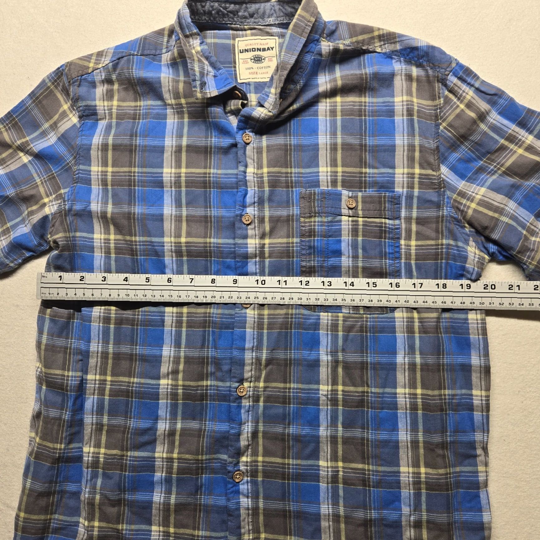 Vintage UNIONBAY Blue Shirt Short Sleeve Button-Down 100% Cotton Men's L Large Casual Plaid - Mens Size US L / EU 52-54 / 3 - 4 Thumbnail