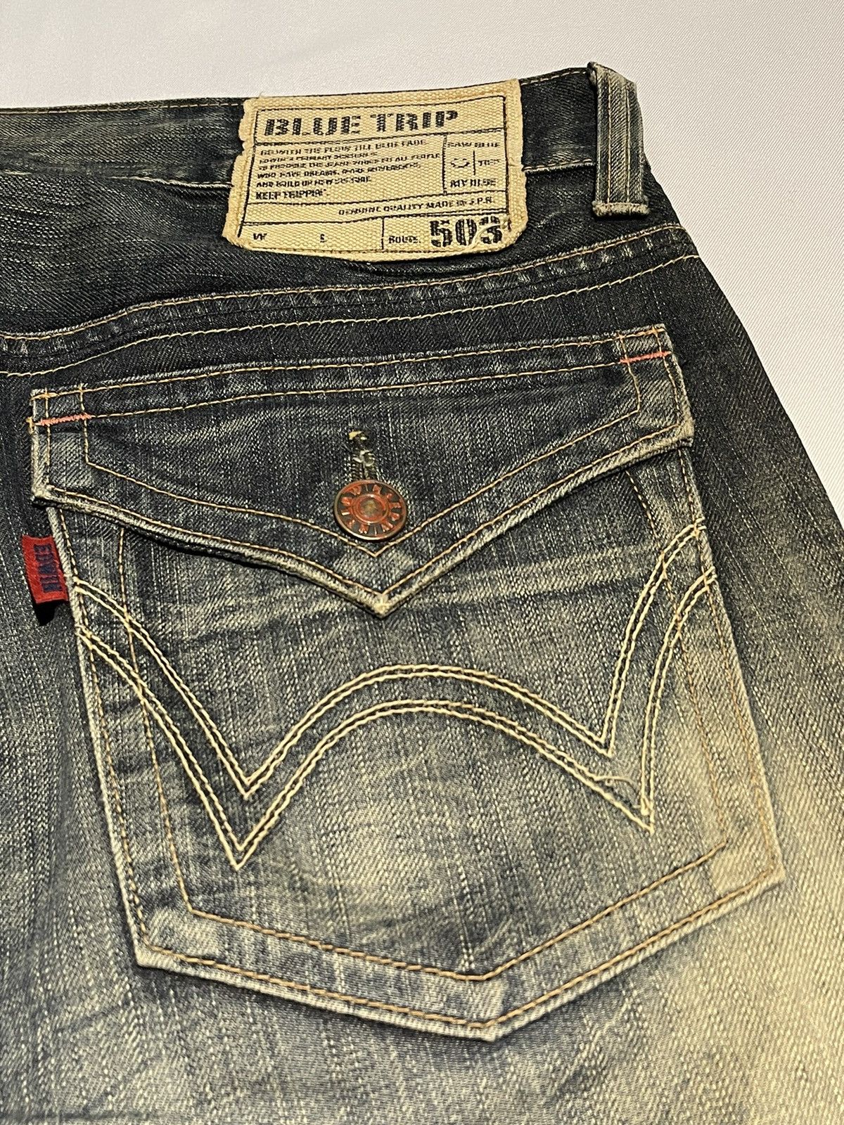 Edwin × Jean × Vintage RARE Edwin 503 Blue Trip Distressed Jeans Pant Size US 32 / EU 48 - 7 Thumbnail