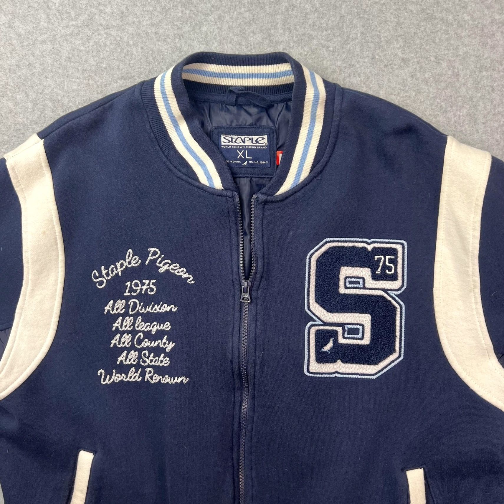 Vintage Staple Pigeon Jacket Mens XL Navy Varsity College Embroidered S 75 Bomber Zip Full-Zip Letterman Size US XL / EU 56 / 4 - 3 Thumbnail