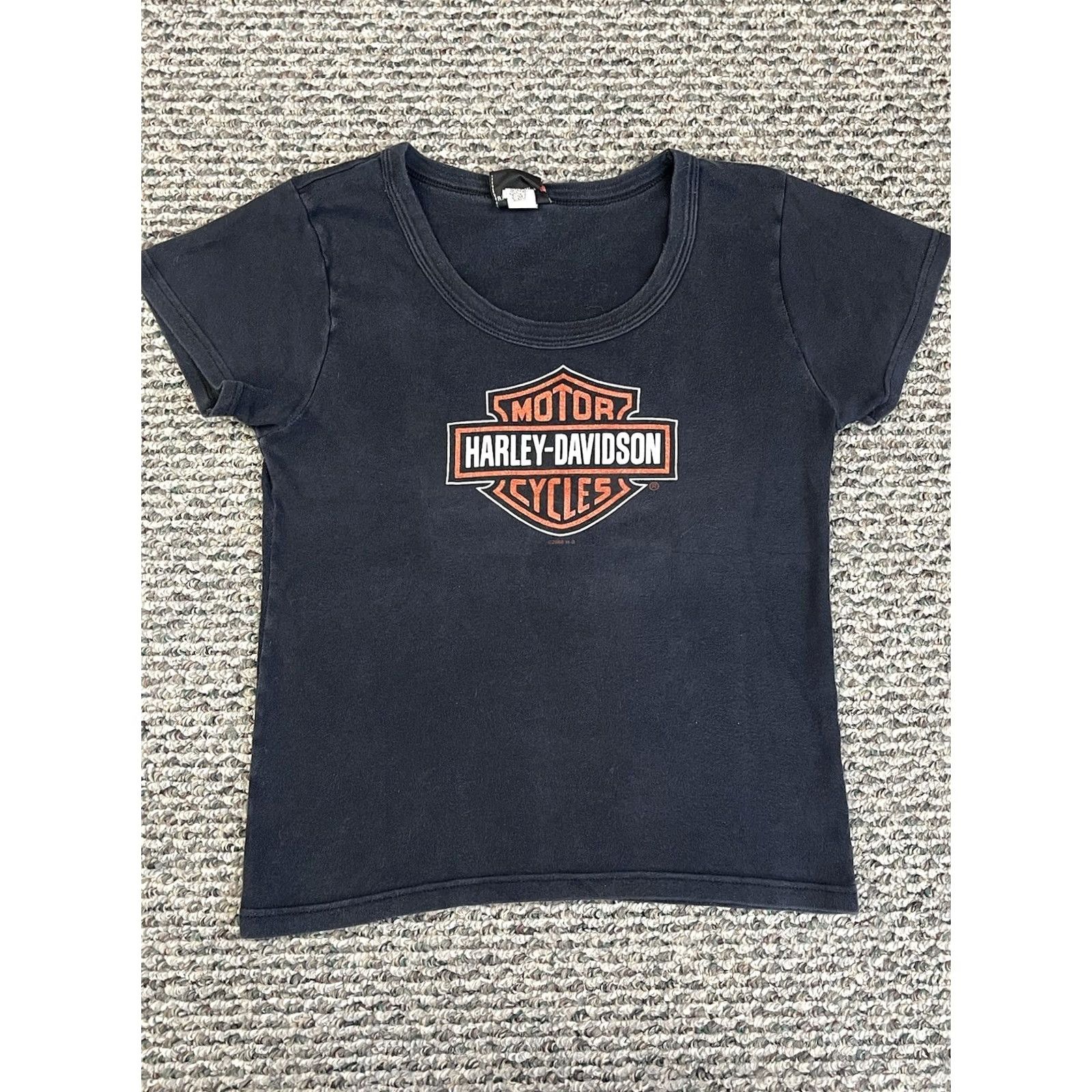Harley Davidson VINTAGE Harley-Davidson Shirt Womens L Black Short Sleeve Crew Neck Knit 100% Cotton Logo Studded Size L / US 10 / IT 46 - 2 Thumbnail