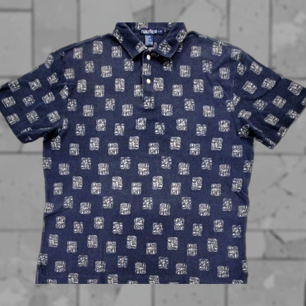 Nautica VINTAGE Nautica Polo Shirt Tribal 90s Blue L Men Short Sleeve Cotton Button Closed Collared Geometric AOP RARE USA Made Shirt Mens Size US L / EU 52-54 / 3 - 1 Thumbnail