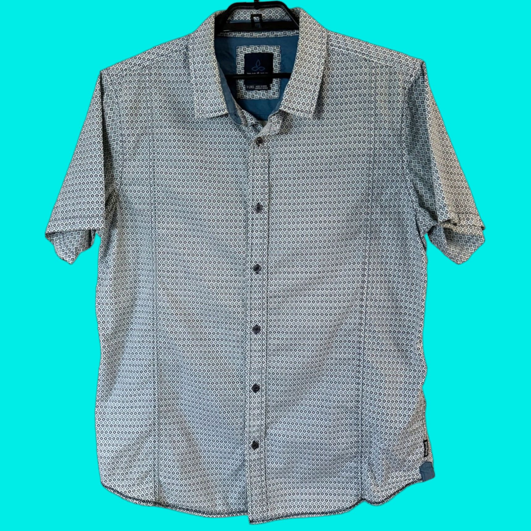 Prana prAna Button-Up Shirt Blue XL Mens Short-Sleeve Geometric Organic Cotton Travel Classic City Nature Outdoor Preppy All Seasons Holiday Size US XL / EU 56 / 4 - 1 Thumbnail
