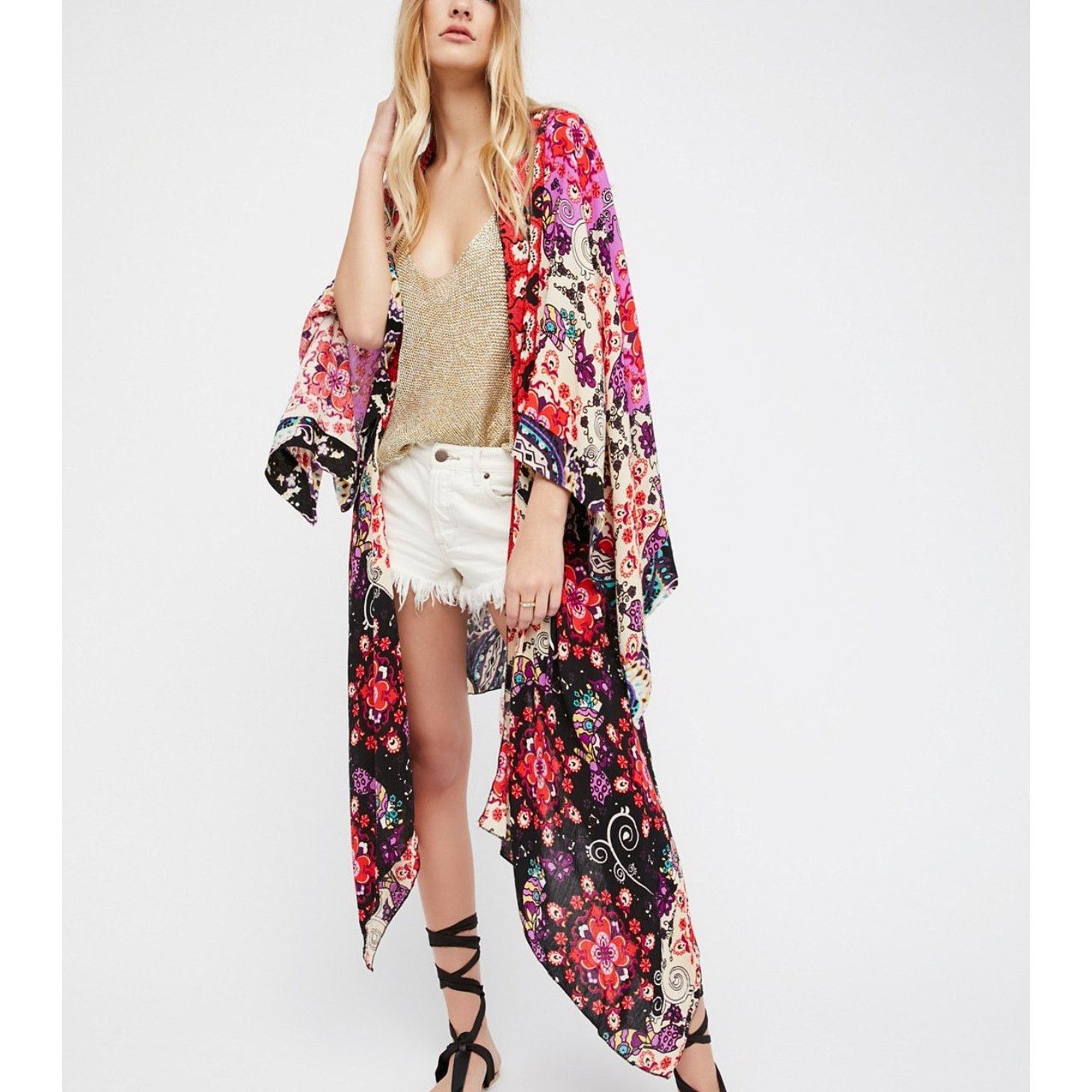 Free People Free People Little Wing Mix Kimono Boho Duster Robe OS Size ONE SIZE - 3 Thumbnail