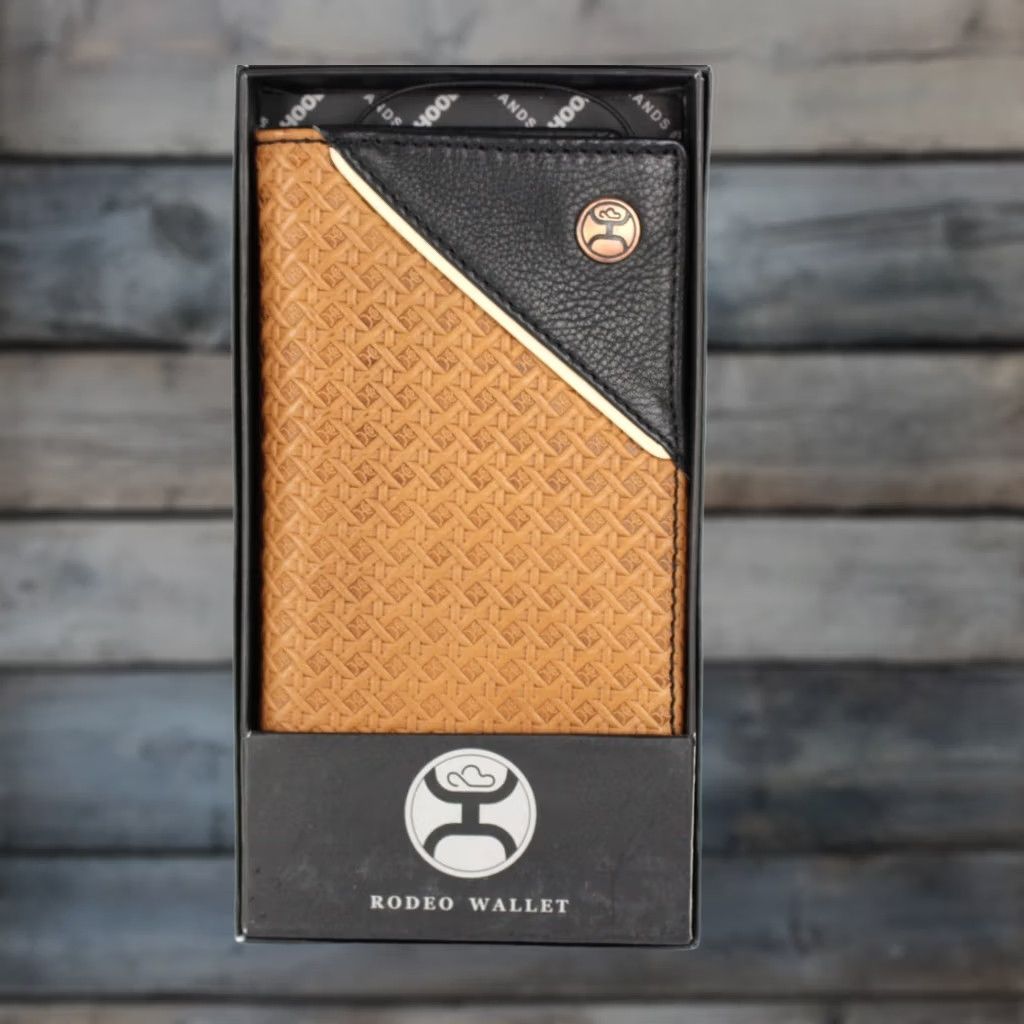 Vintage VINTAGE Hooey Wallet Men’s Hands Up Basket Weave Rodeo Leather Brown Black Logo Rivet Geometric Aztec Southwest Bifold Credit Card Checkbook Size ONE SIZE - 1 Thumbnail