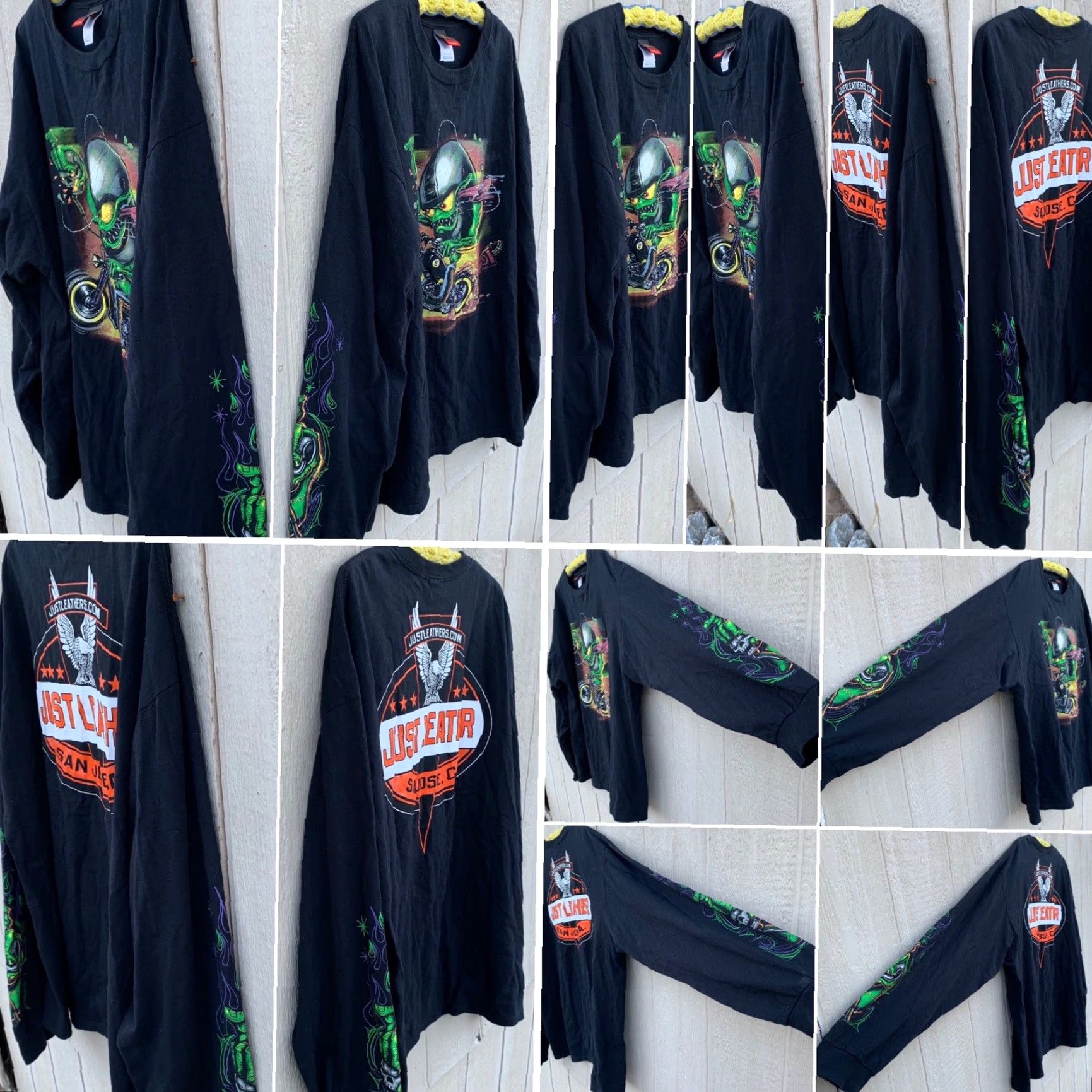 Vintage Just Leathers San Jose T-Shirt Long Sleeve Graphic Print 3XL Black Cotton Mens Shirt Crew Neck Biker Theme Size US XXL / EU 58 / 5 - 4 Thumbnail