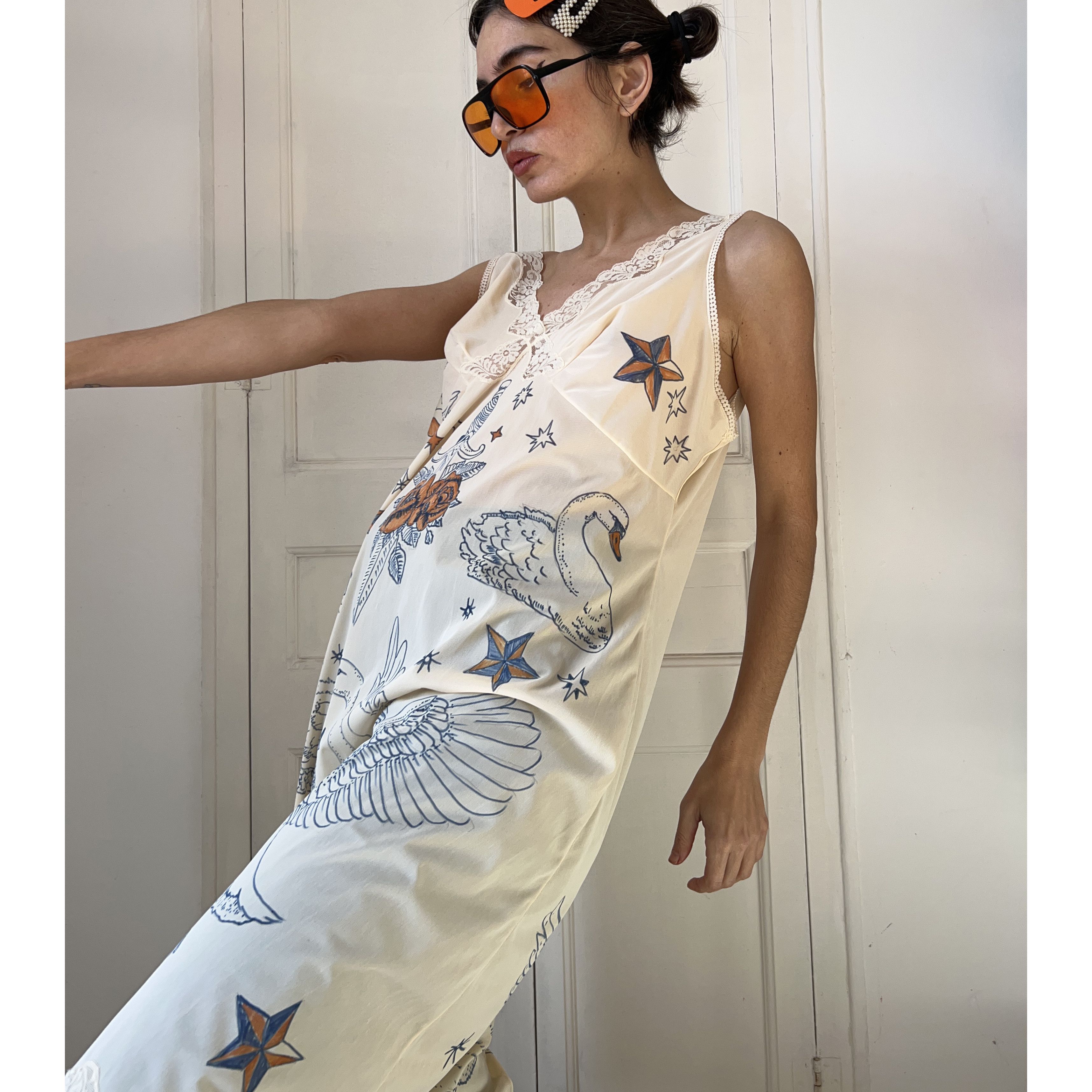 Custommade Hand-Painted Tattoo Swan Slip Dress Size L / US 10 / IT 46 - 4 Thumbnail