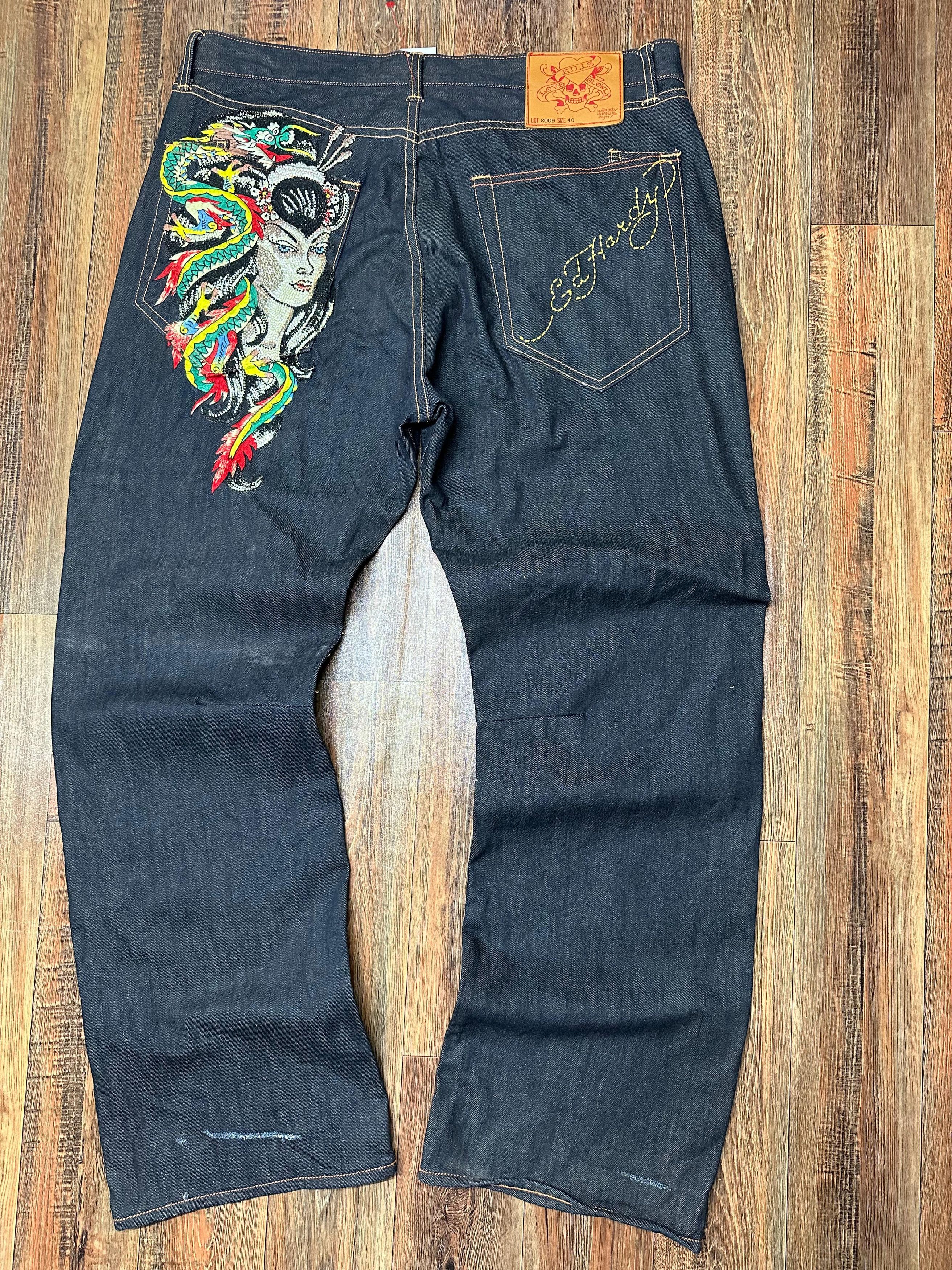 Christian Audigier × Ed Hardy × Vintage ED HARDY JEAN'S GORGEOUS DRAGON LADY ON THE BACK OF 40×34 Size US 40 / EU 56 - 2 Thumbnail