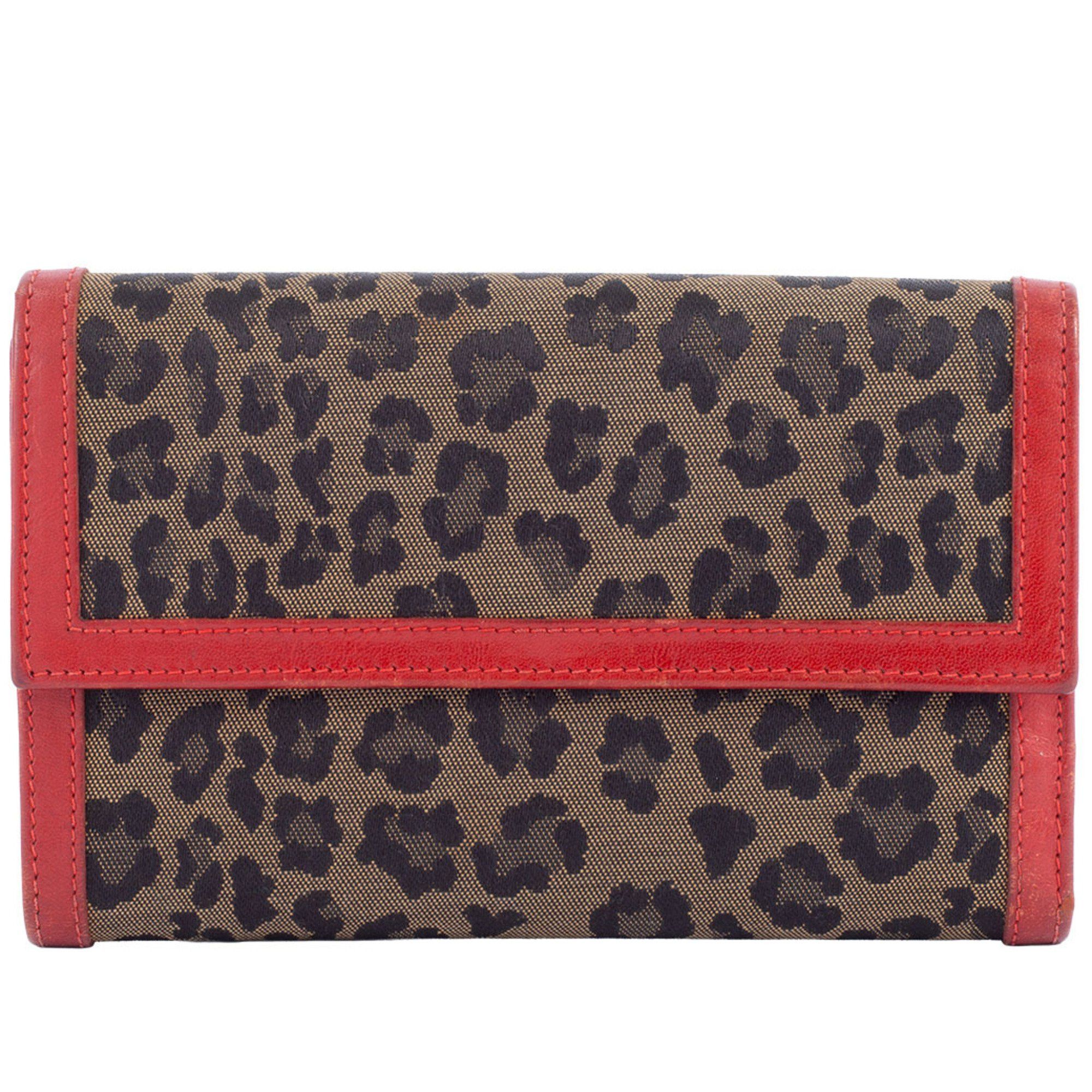 FENDI Leopard Print Tri-Fold Wallet Canvas Leather