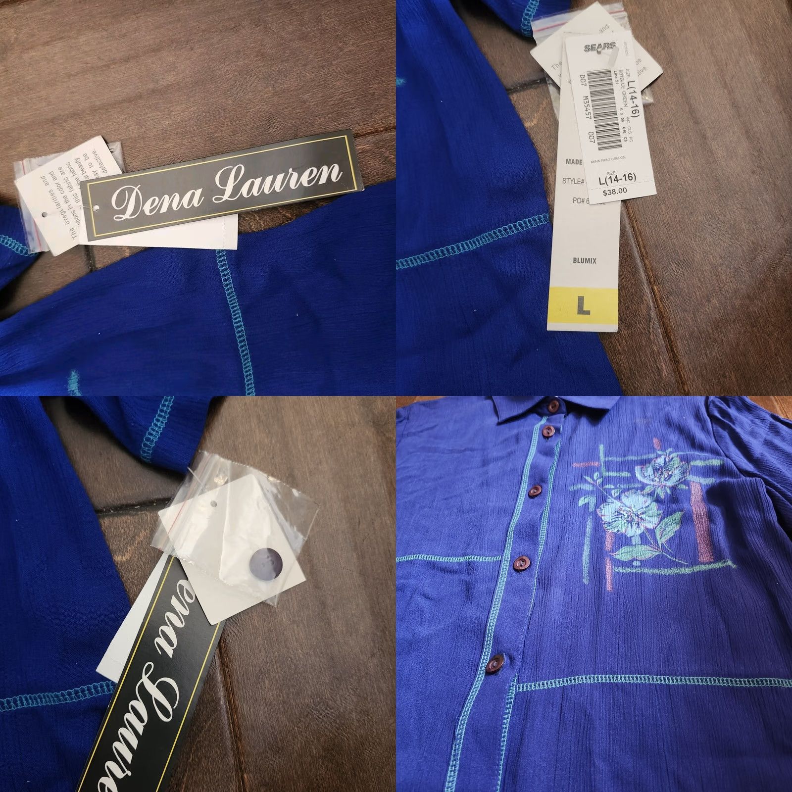 Vintage Dena Lauren Women's Blue Floral Button-Up Shirt - L - NWT Size L / US 10 / IT 46 - 8 Thumbnail