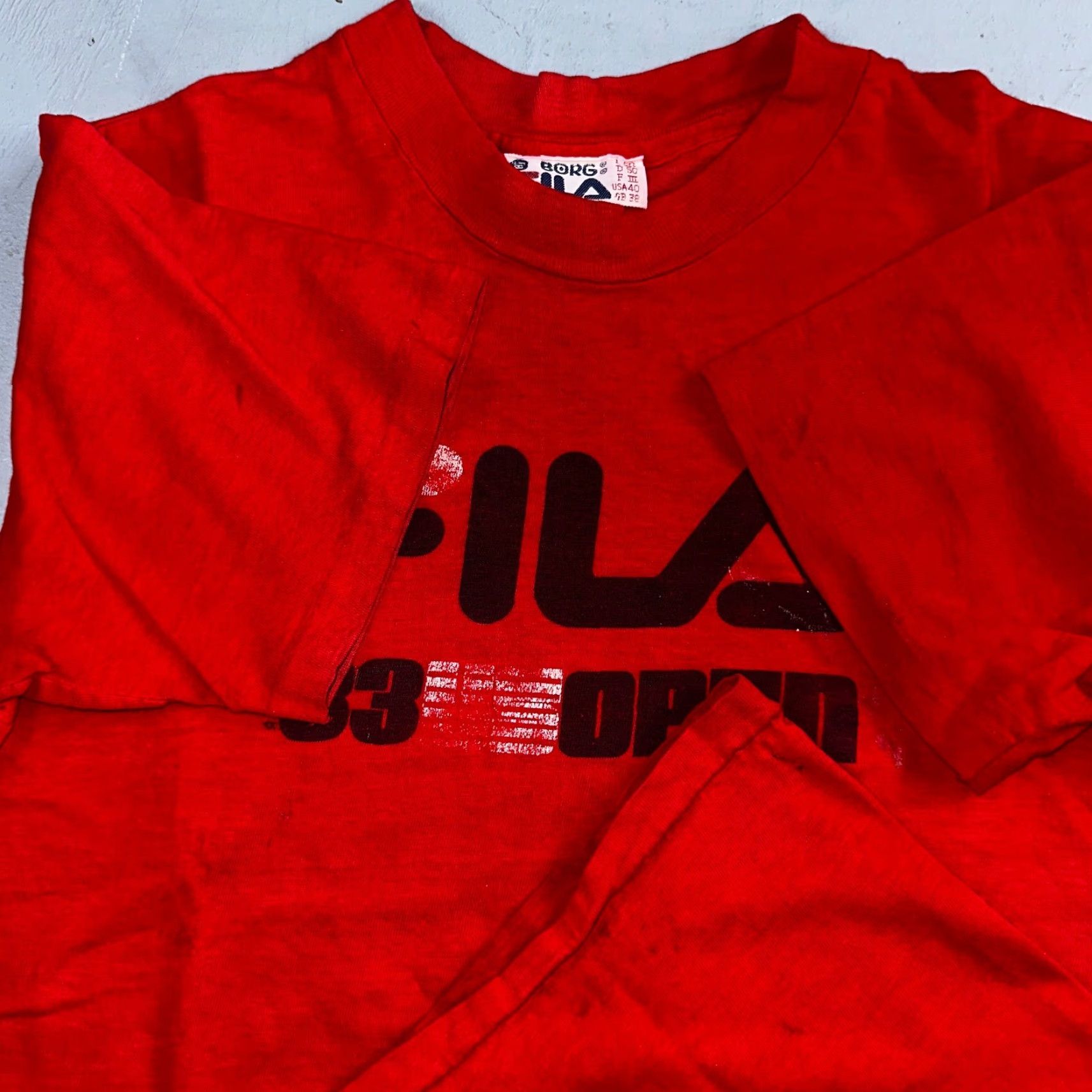 Fila VINTAGE FILA 1983 Open VTG T Shirt USA Tennis Borg 80s Rare Red Graphic Print Sports Size US L / EU 52-54 / 3 - 5 Thumbnail
