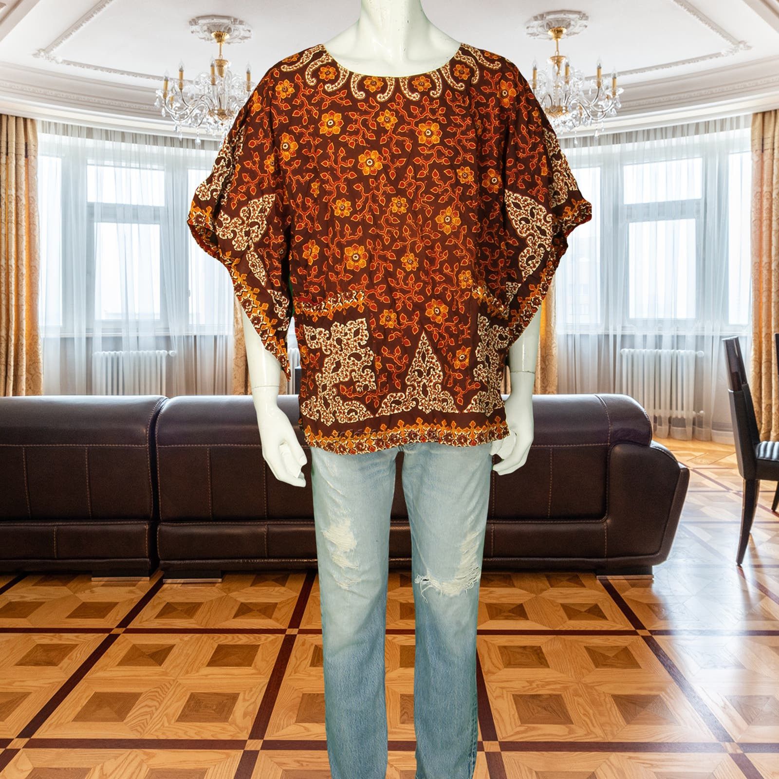 image of Vintage Afrikana Dashiki Boho Hippie Festival Caftan Shirt in Brown, Men's (Size XL)