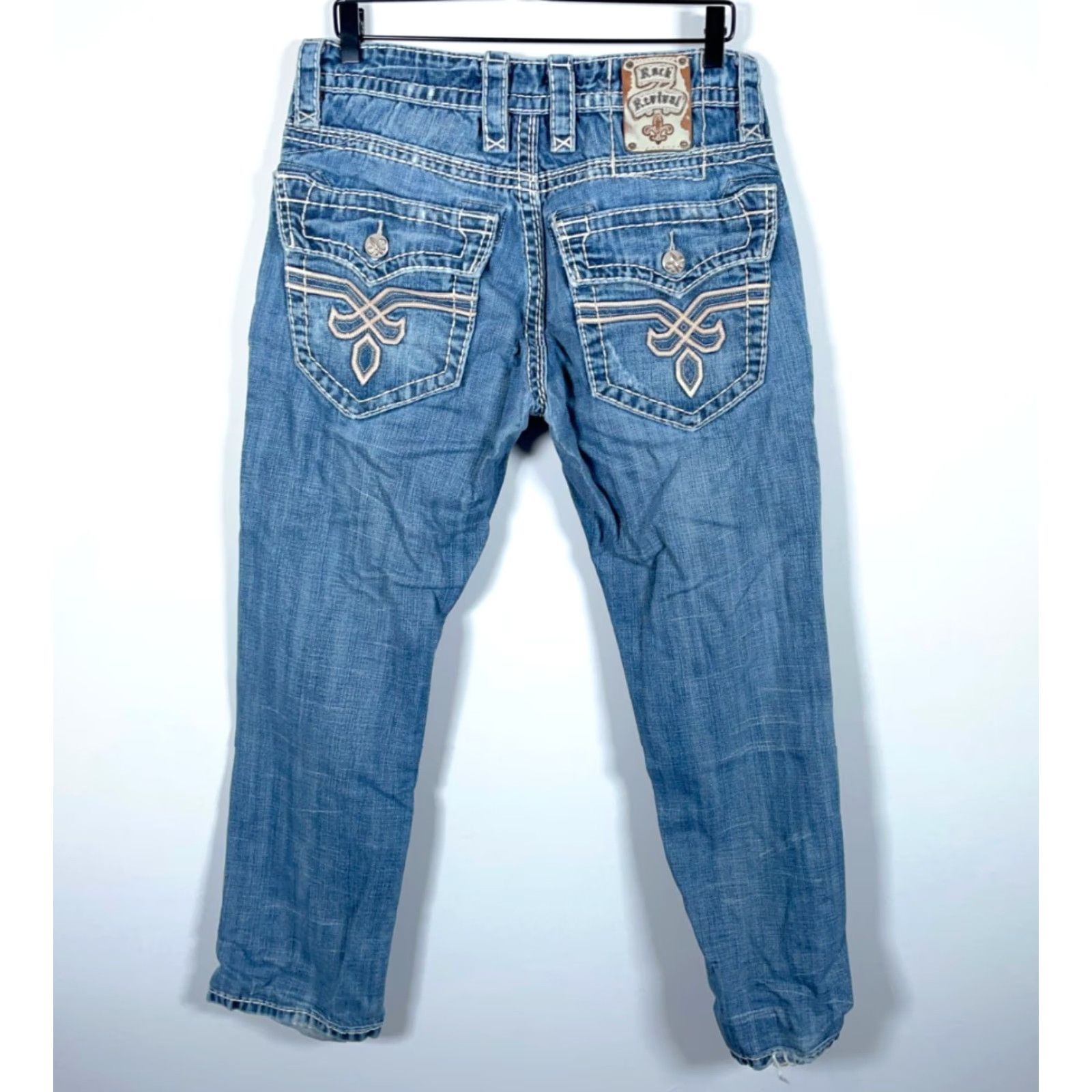 Vintage Rock Revival Jeans Straight 32x28 Men's Blue Distressed Studded 90s Rock Denim Denim Shirt? Size US 32 / EU 48 - 2 Thumbnail