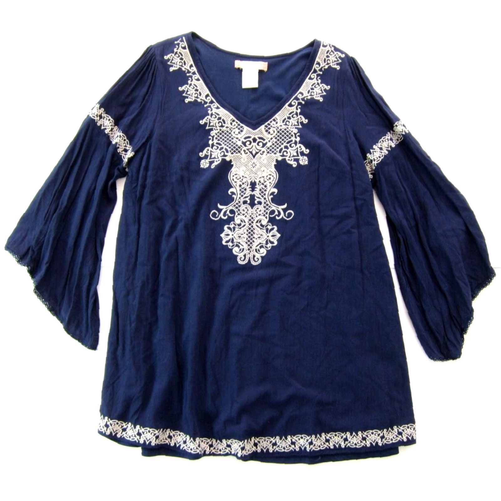 Vintage VINTAGE Flying Tomato 100% Rayon Navy Blue Ivory Embroidered Long Sleeve Tunic Dress 1X Size XL / US 12-14 / IT 48-50 - 6 Thumbnail