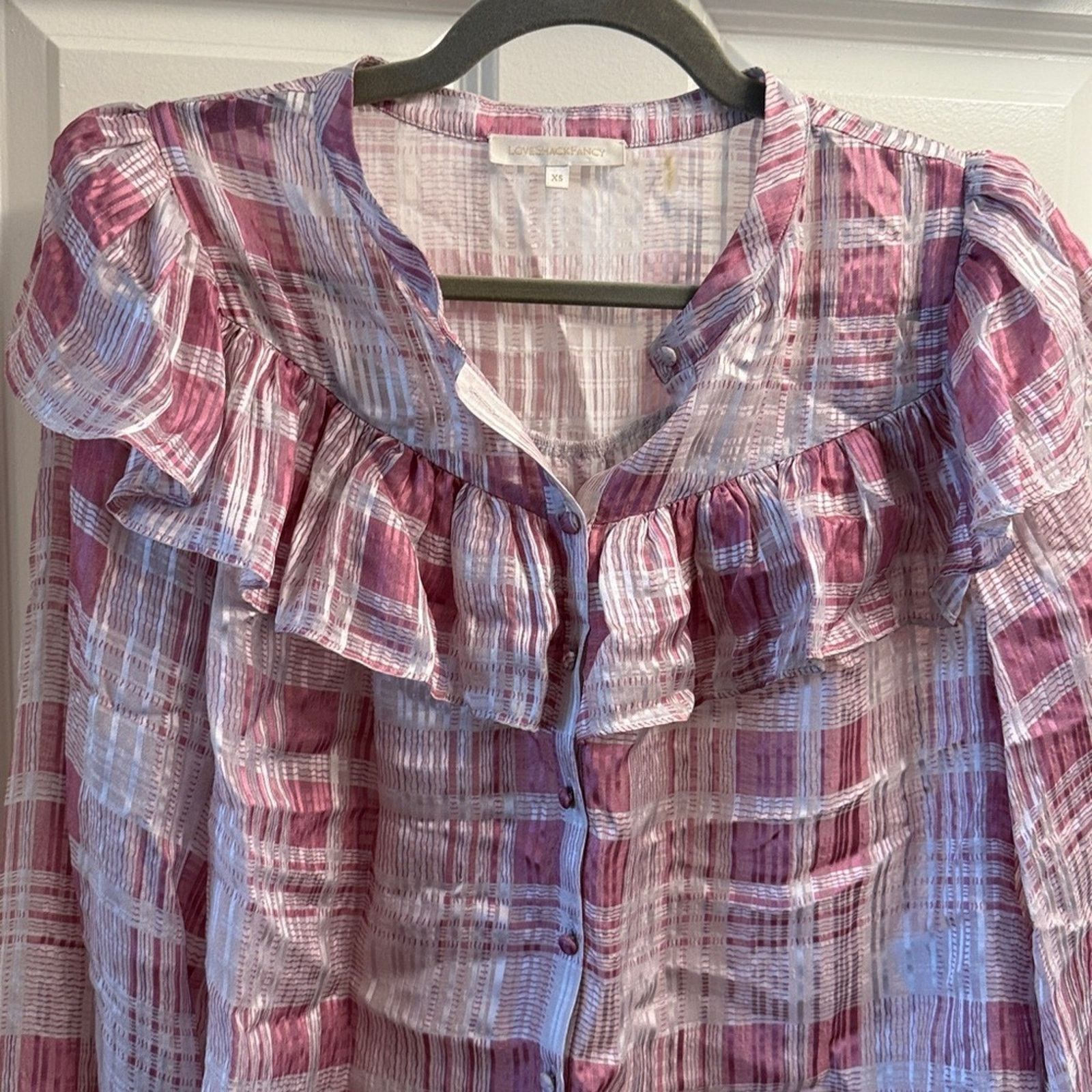 LoveShackFancy LoveShackFancy Pink and White Plaid Ruffle Blouse Size XS / US 0-2 / IT 36-38 - 4 Thumbnail