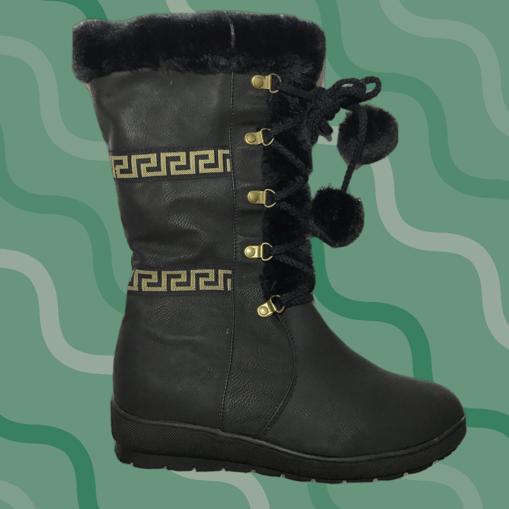 Vintage Reneeze Women's Winter Snow Boots Size 7 Black Faux Leather Fur Trim Mid-Calf Flat Size US 7 / IT 37 - 1 Thumbnail