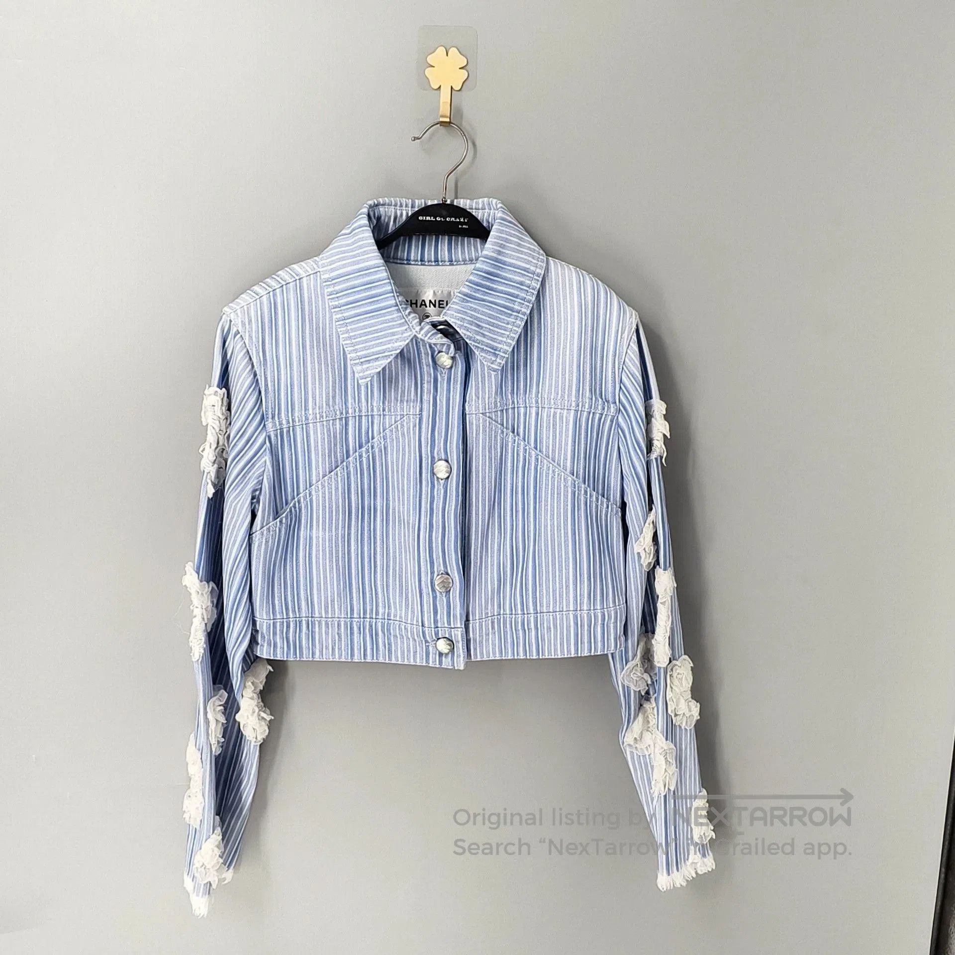 Chanel Chanel Striped Denim Jacket with Camellia. Size US S / EU 44-46 / 1 - 1 Thumbnail