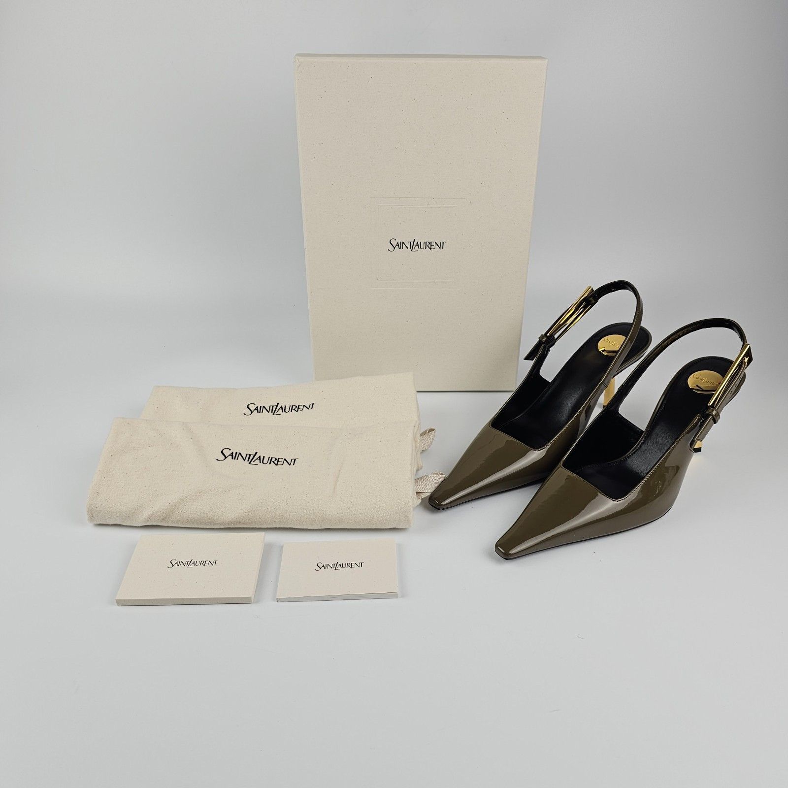 SAINT LAURENT Lee $1250 Kaki Patent Leather 75mm Slingback P