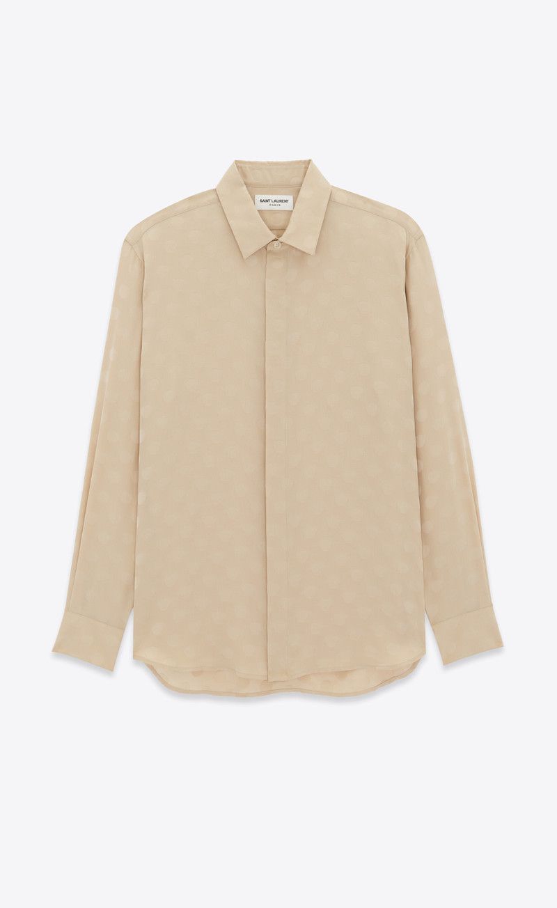 Saint Laurent Paris oc11z1225 646850 Shirt in Dotted Shiny and Matte Silk Beige Size US M / EU 48-50 / 2 - 1 Thumbnail