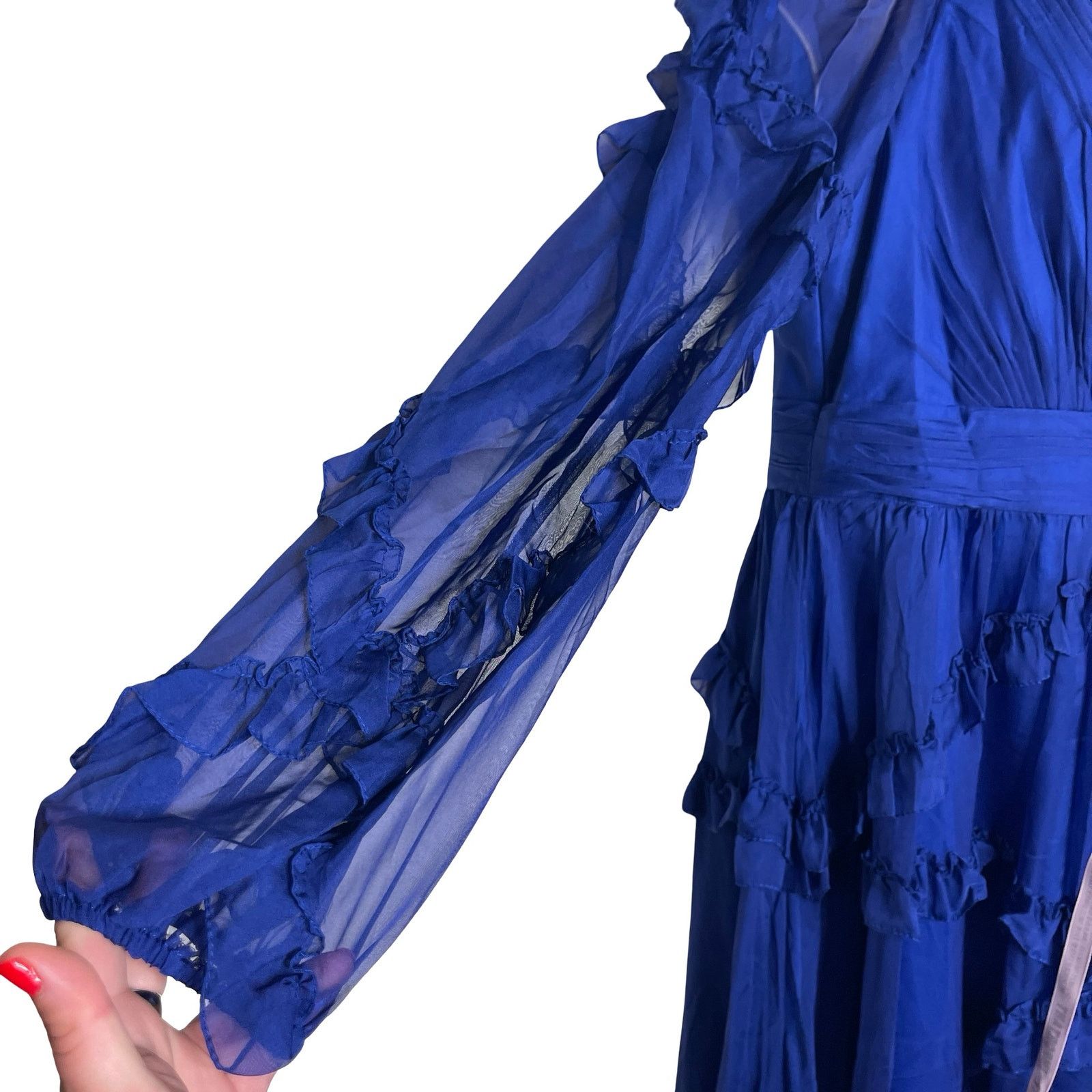 Other New Mac Duggal Blue Cascade Ruffle Puff Sleeve A Line Gown Size XL / US 12-14 / IT 48-50 - 6 Thumbnail