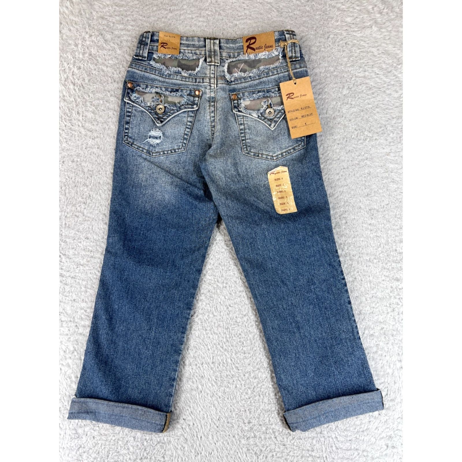Denime Rustic Jeans Blue Denim Cropped Straight Jeans Womens 1 Stretch Patches Distressed Classic Western Style 5-Pocket Size 25" / US 0 / IT 36 - 2 Thumbnail