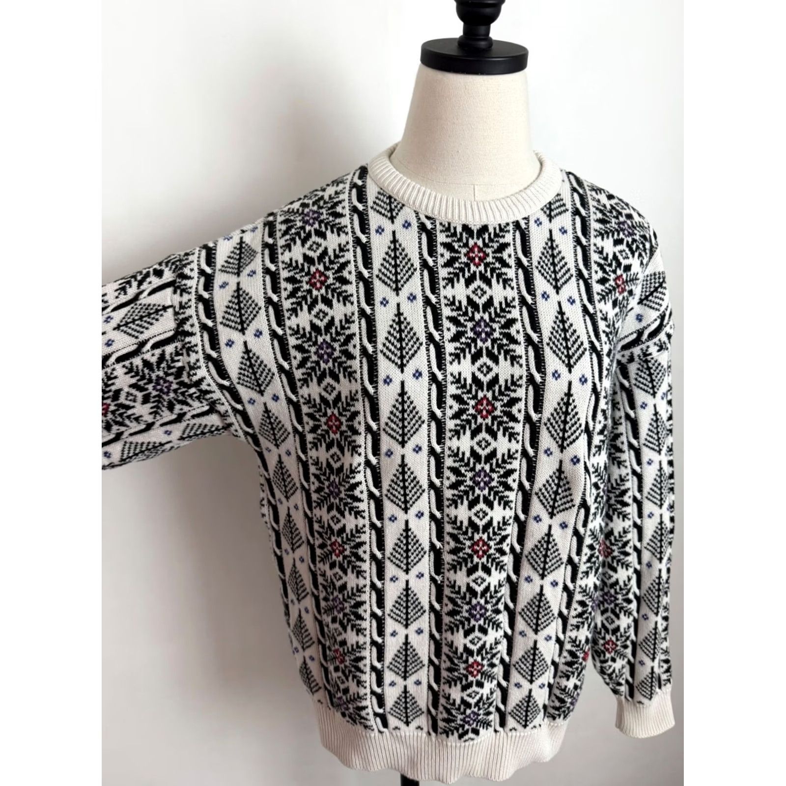 Etro VINTAGE Womens Fair Isle Sweater Pullover Knitted Cotton White Medium 90s Ski Retro 80s Winter Casual Mens? Size M / US 6-8 / IT 42-44 - 3 Thumbnail