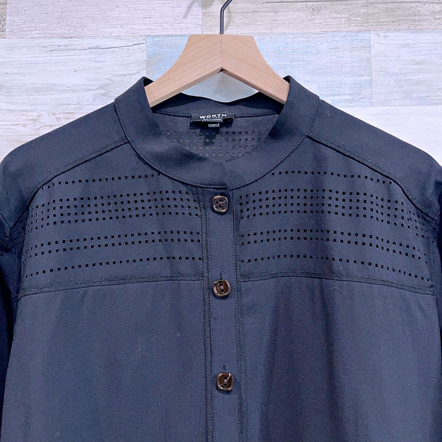 Other Worth NY Wool Laser Cut Out Button Down Shirt Black FLAW Size L / US 10 / IT 46 - 2 Thumbnail