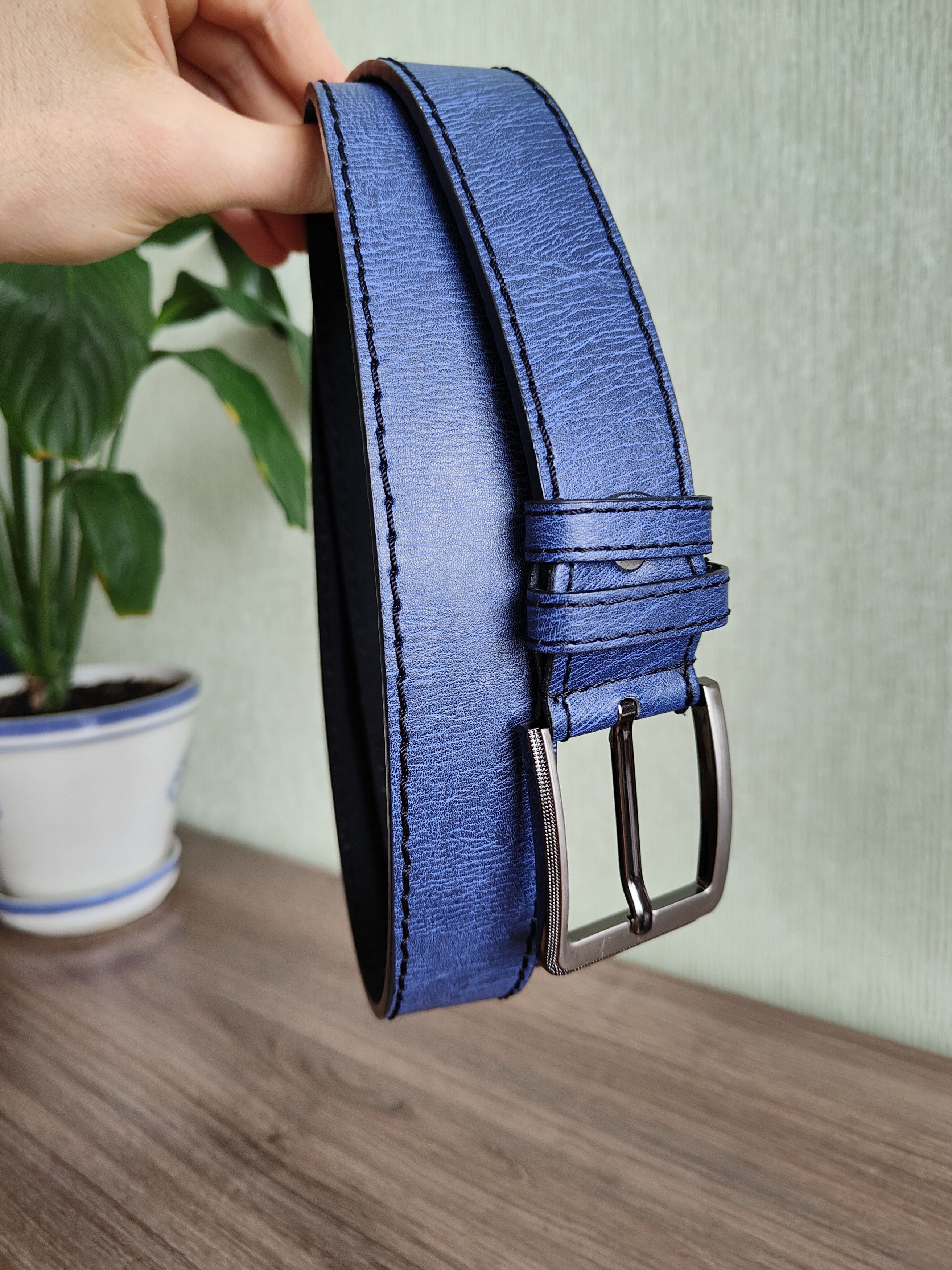 Genuine Leather Men's Leather Belt Blue Nova Check Leather Belt Size ONE SIZE - 4 Thumbnail