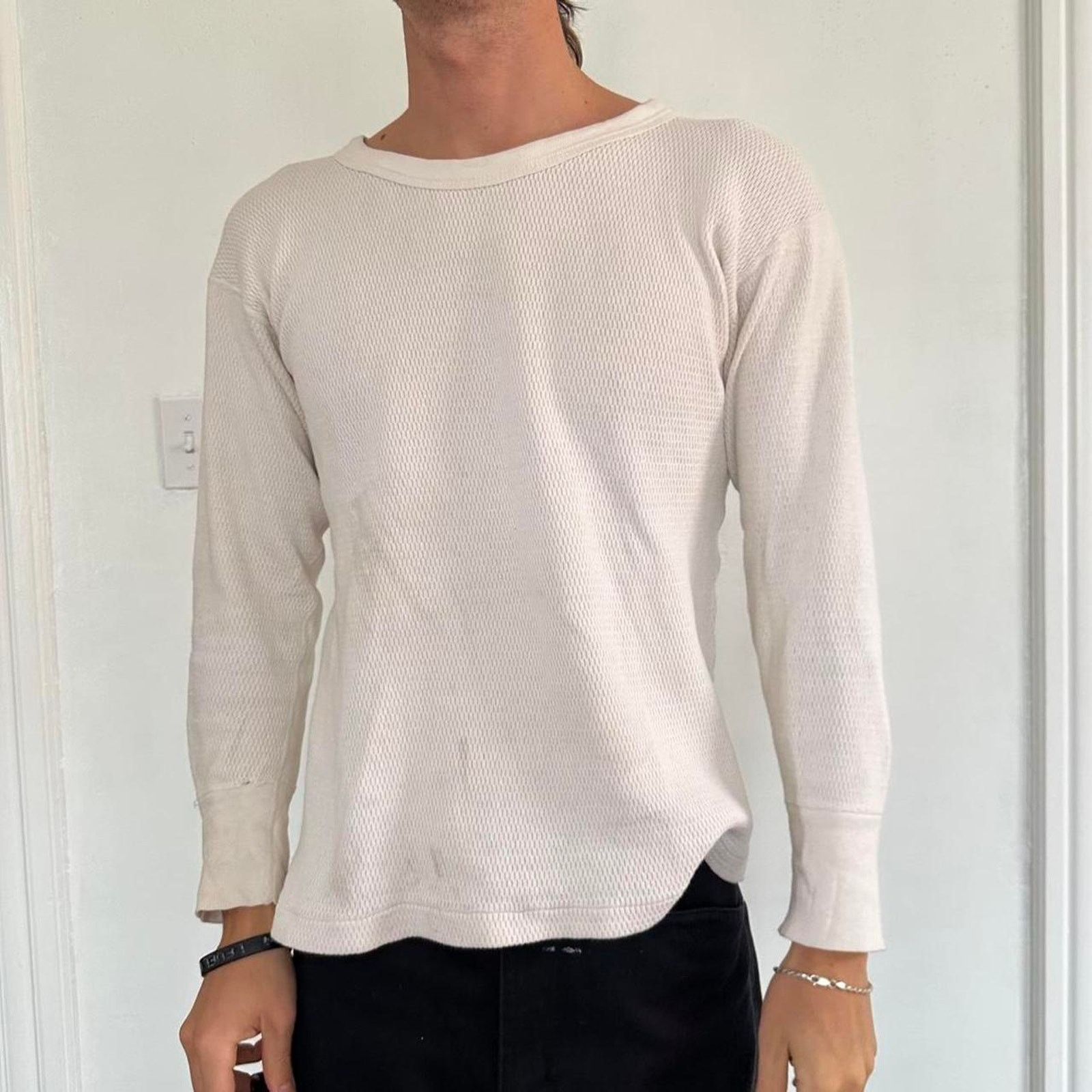 Vintage Vintage 70s Thrashed Basic White Cream Thermal Longsleeve Size US L / EU 52-54 / 3 - 6 Thumbnail