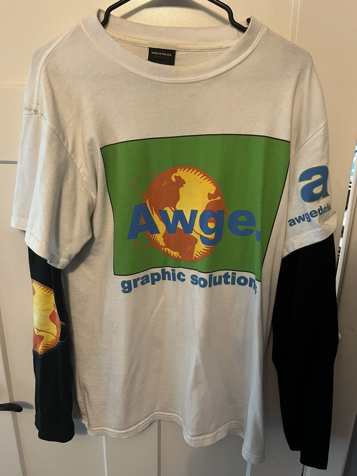 image of Awge Long Sleeve Worldwide Tee Shirt in White, Men's (Size Medium)