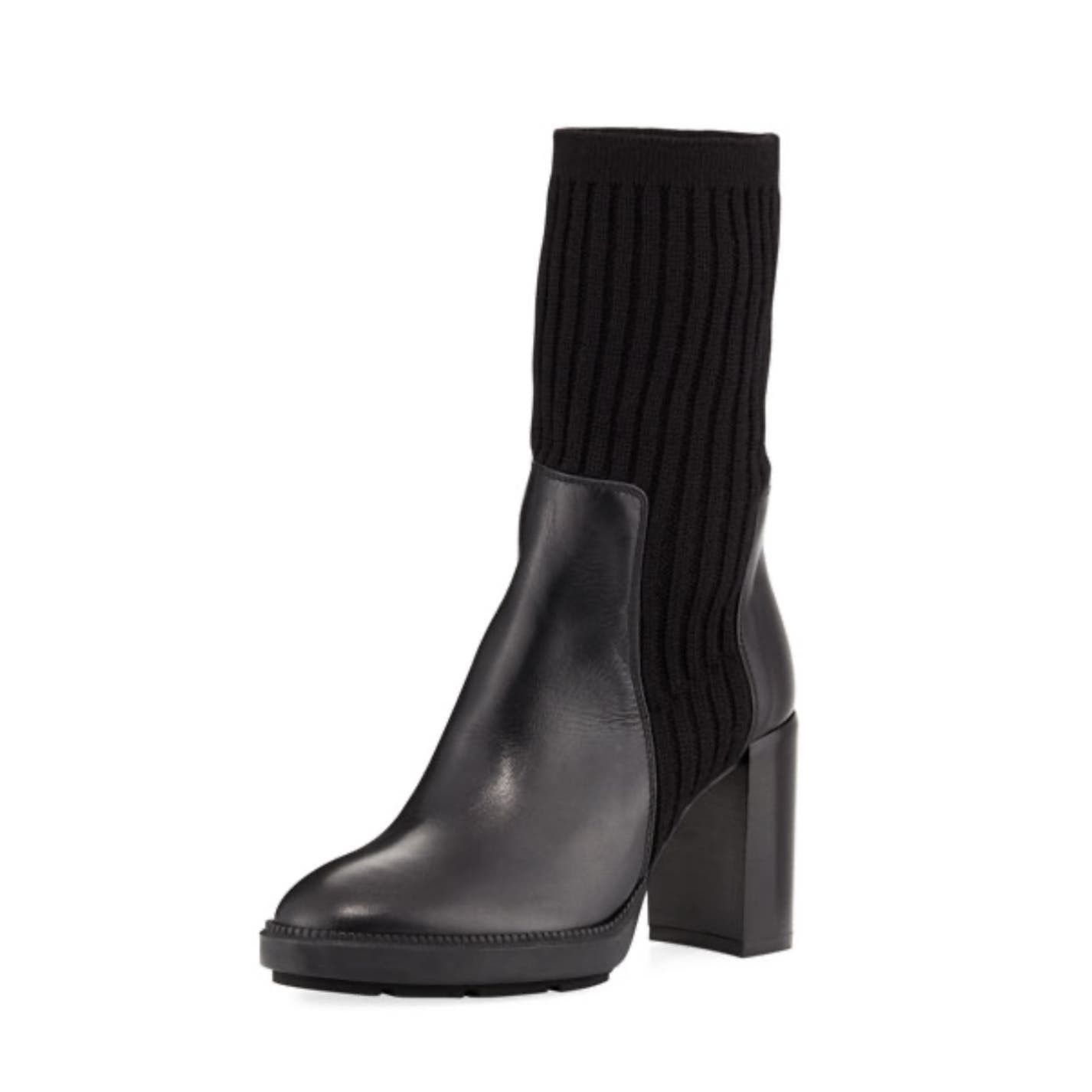 image of Aquatalia Black Imogen Ribbed Sweater Leather Boot Size 8, Women's
