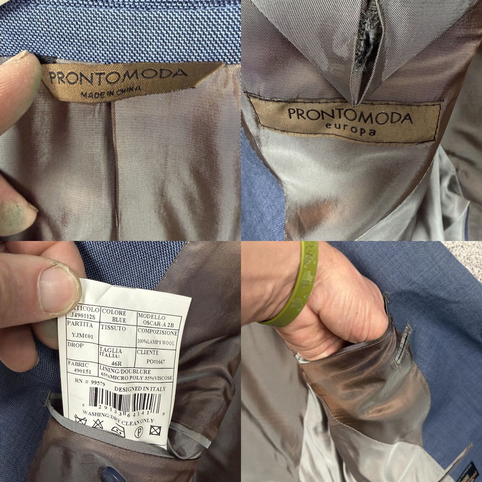 Pronto Uomo Prontomoda Blazer 46R Wool Blend Blue Single-Breasted 2-Button Notch Formal Business Mens - Vintage No - 46 Regular, 31/24 Size 46R - 8 Thumbnail