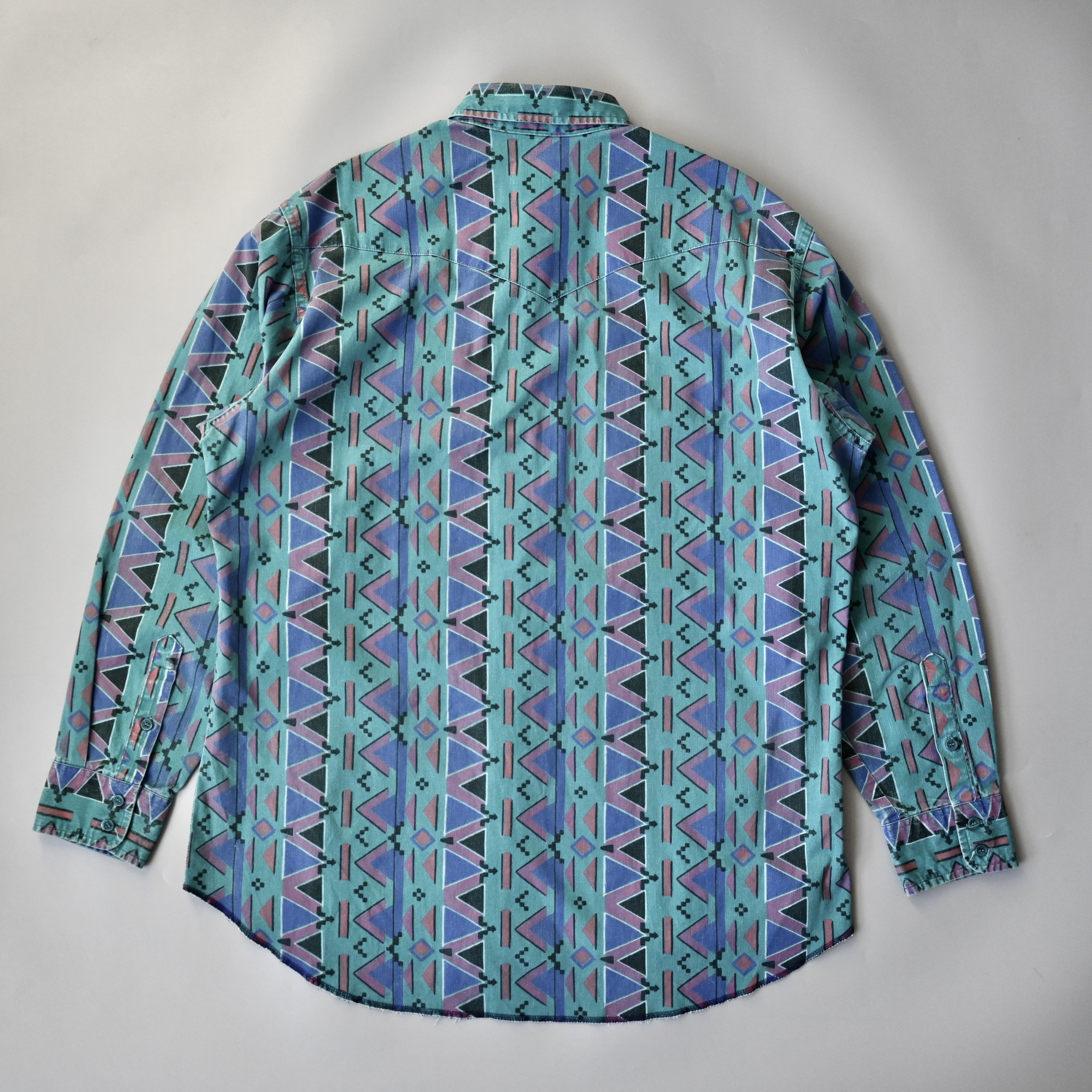 Vintage VTG 90s Wrangler Brushpopper shirt Aztec Navajo teal 17.5-35 Size US XL / EU 56 / 4 - 2 Thumbnail
