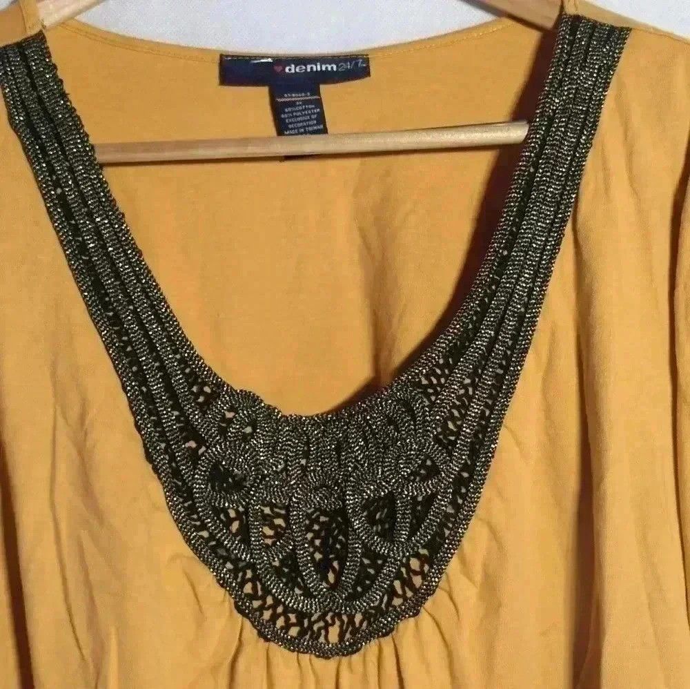 Designer Denim 24/7 Ladies Mustard Yellow top with woven detail sz 3 Size S / US 4 / IT 40 - 2 Thumbnail