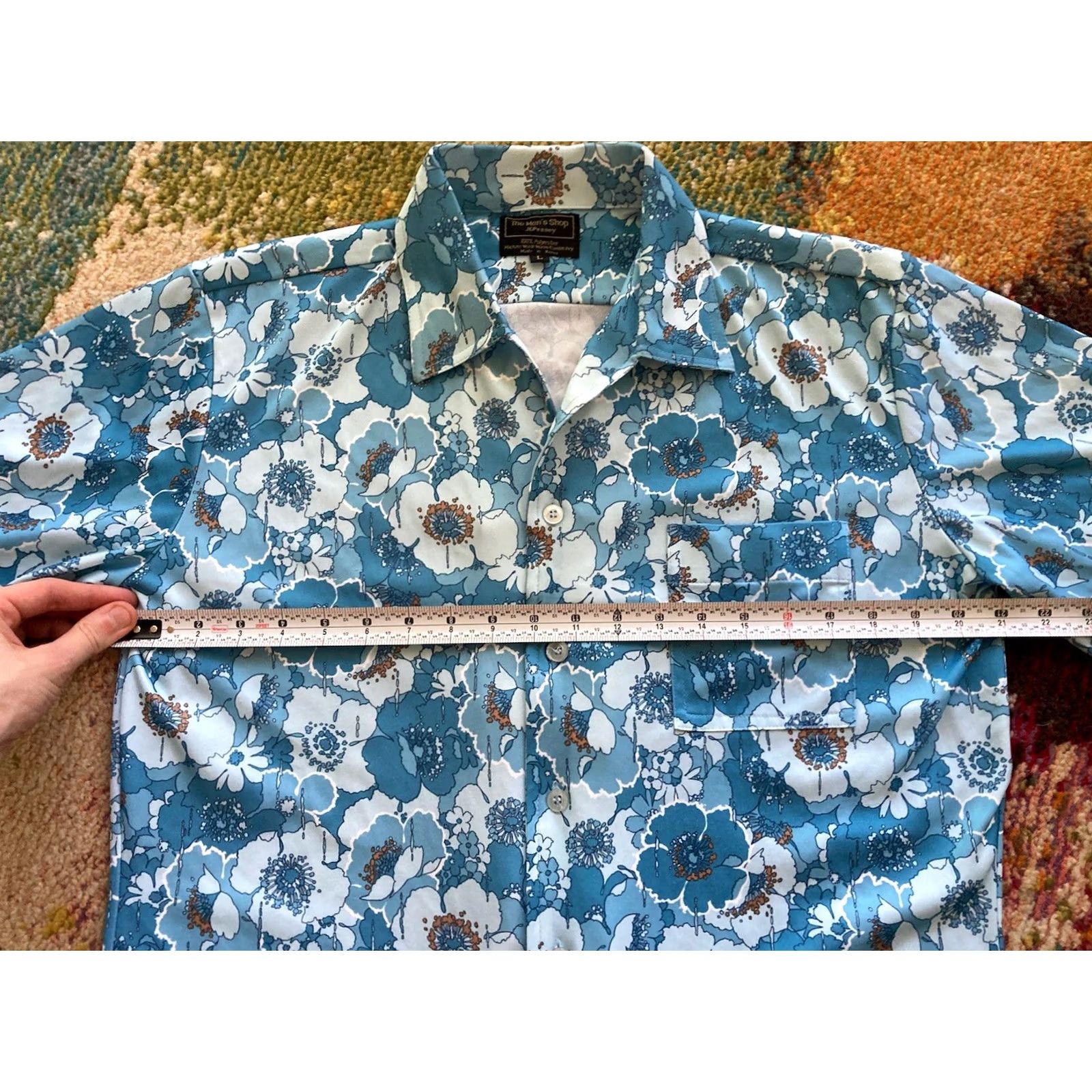 JCPenney VINTAGE JC Penneys Shirt Mens Large Hawaii Floral Blue Button Up Short Sleeve Casual 60s 70s 80s USA Size US L / EU 52-54 / 3 - 6 Thumbnail