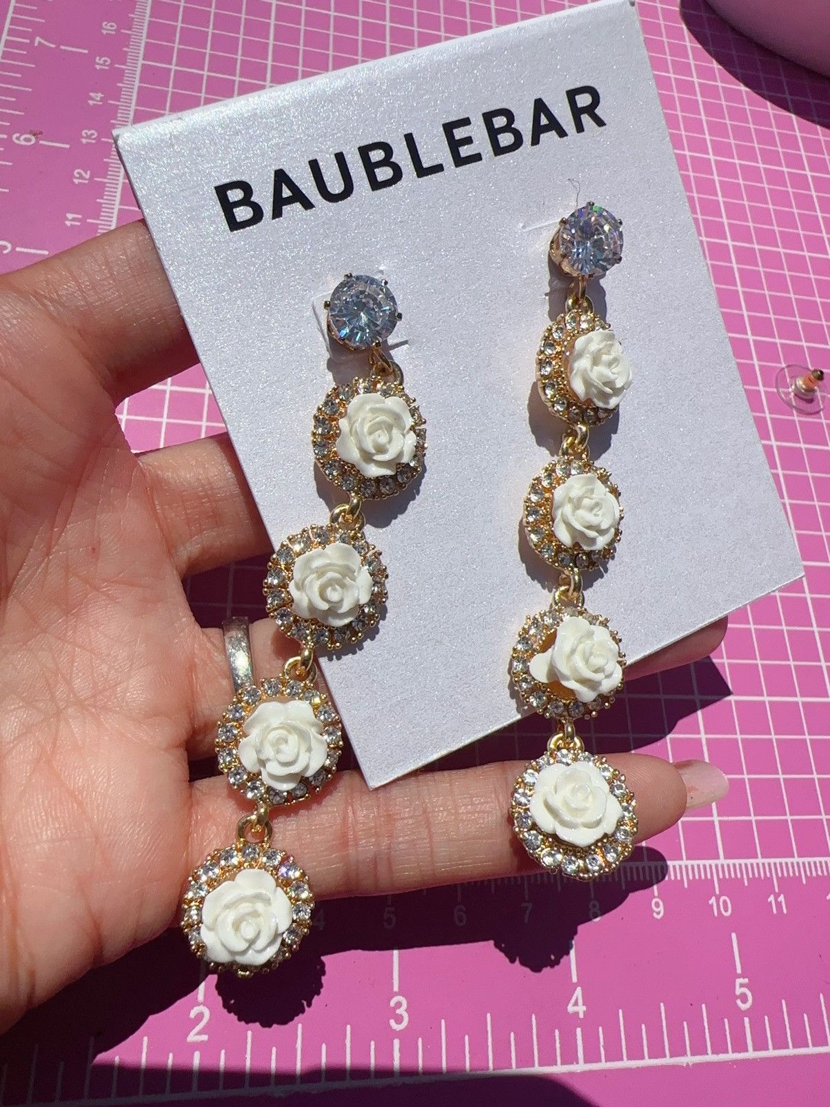 Designer Baublebar gold tone diamonds paved white roses tassels Size ONE SIZE - 3 Thumbnail
