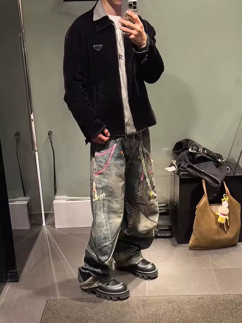Design Blue 3D Printed Chain Washed Baggy Jeans